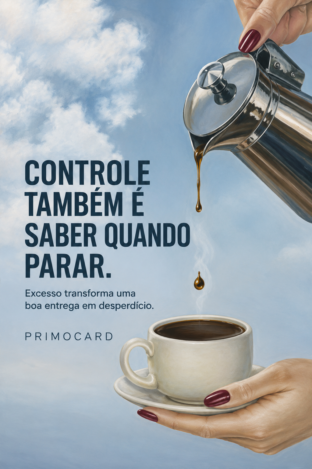 Café sendo servido de uma cafeteira com poucas gotas, representando controle, equilíbrio e o momento certo de parar.