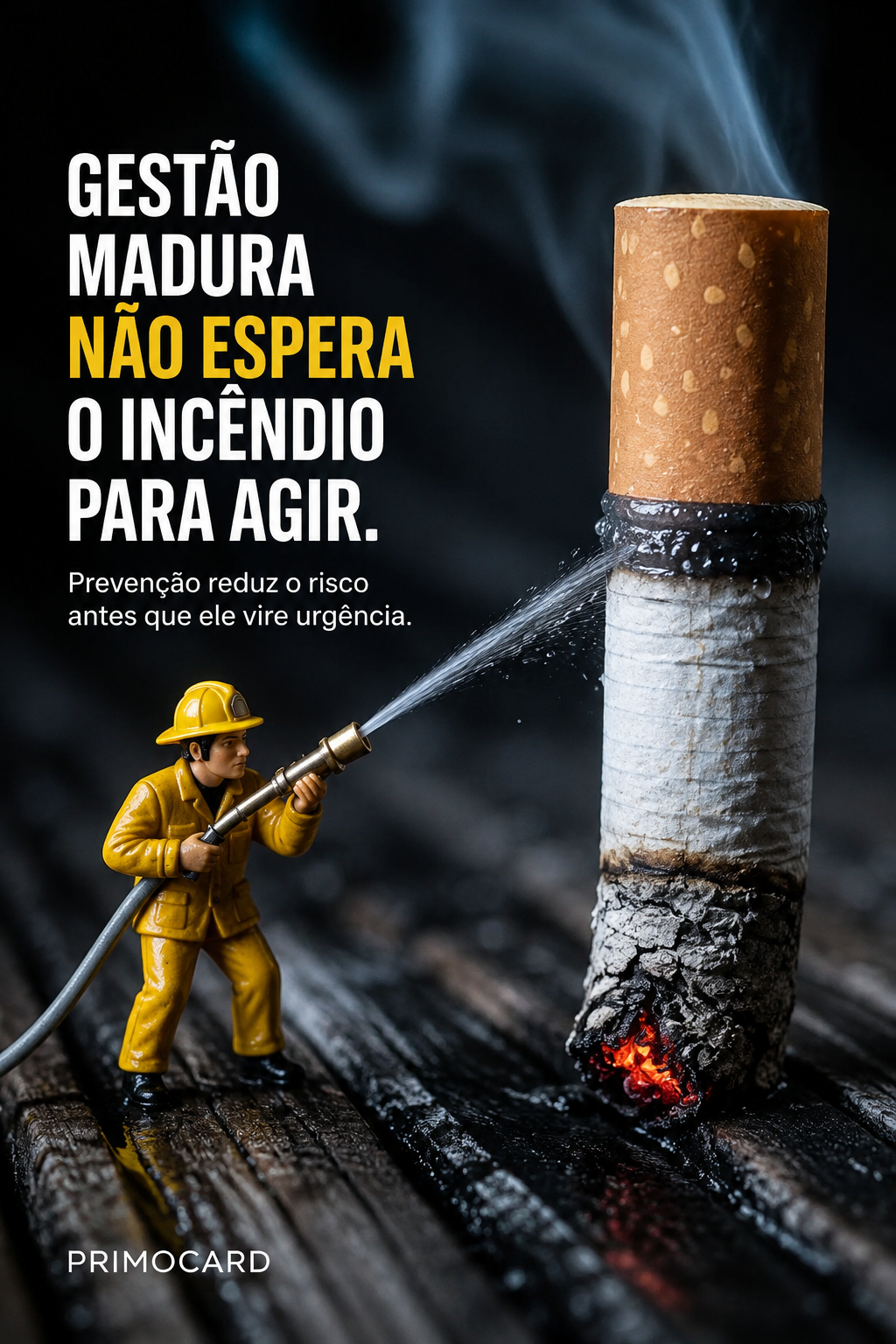 Bombeiro em miniatura apagando a ponta acesa de um cigarro gigante, representando uma ação preventiva antes do incêndio.