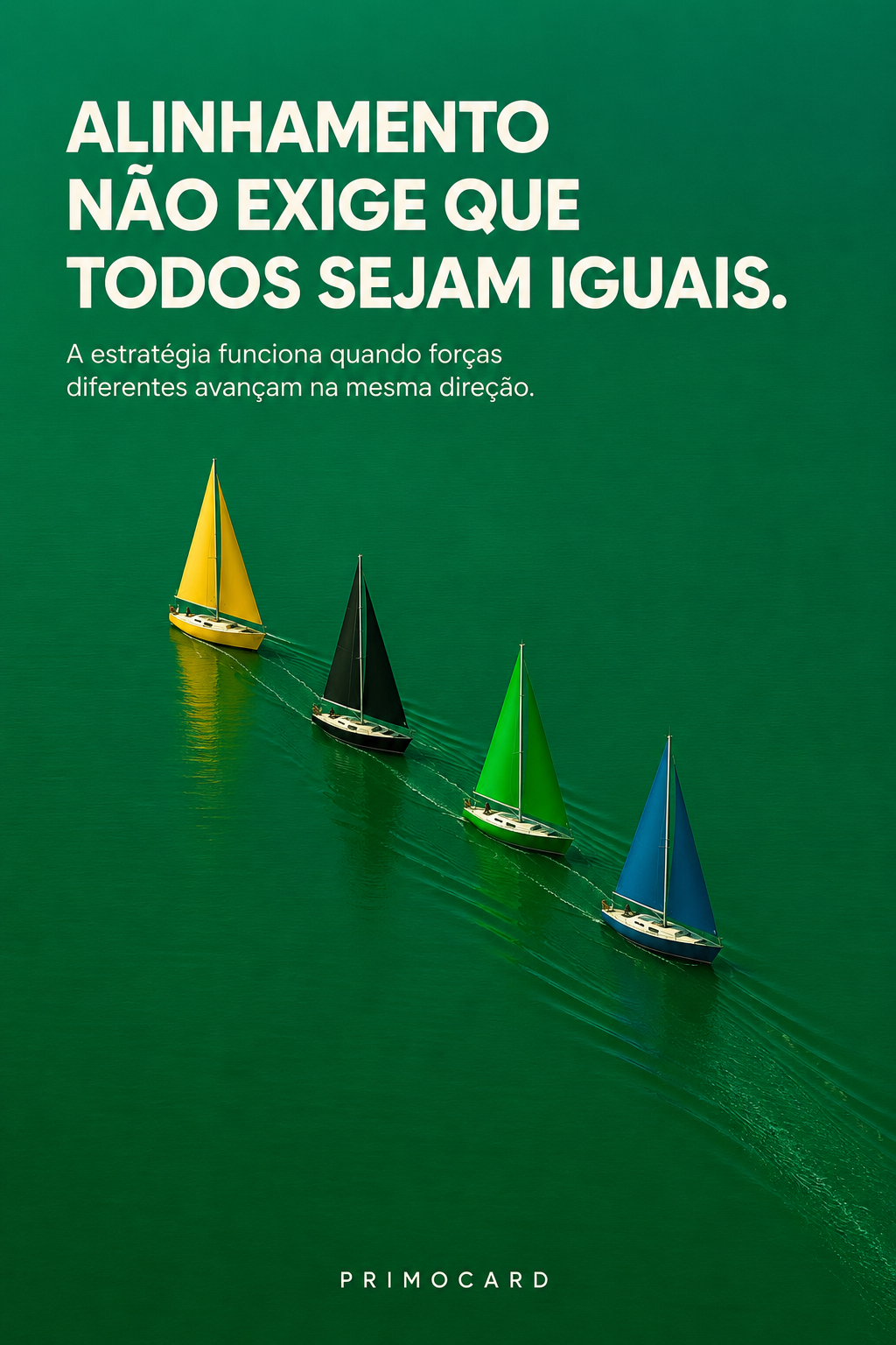 Quatro veleiros com velas de cores diferentes navegando na mesma direção, representando alinhamento entre forças distintas.