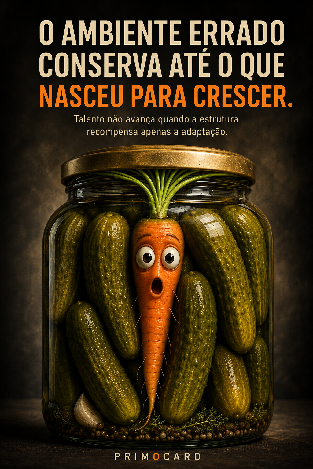 Cenoura presa em um vidro cheio de pepinos, representando um talento diferente limitado por um ambiente inadequado.