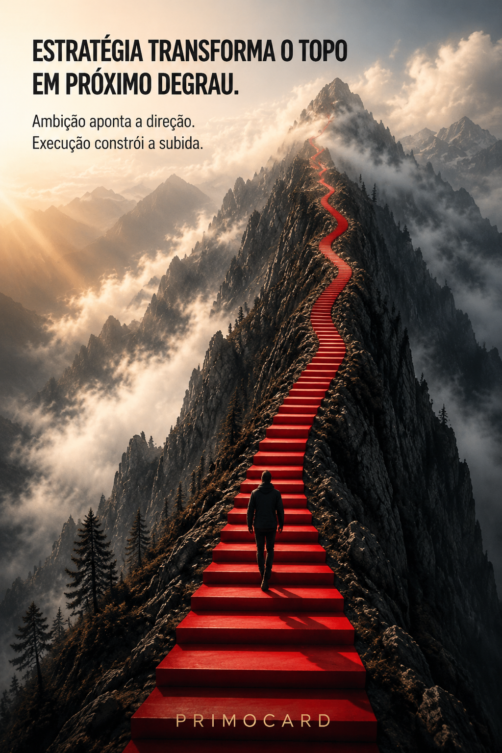 Pessoa sobe uma longa escada vermelha em direção ao topo de uma montanha, representando estratégia e execução.