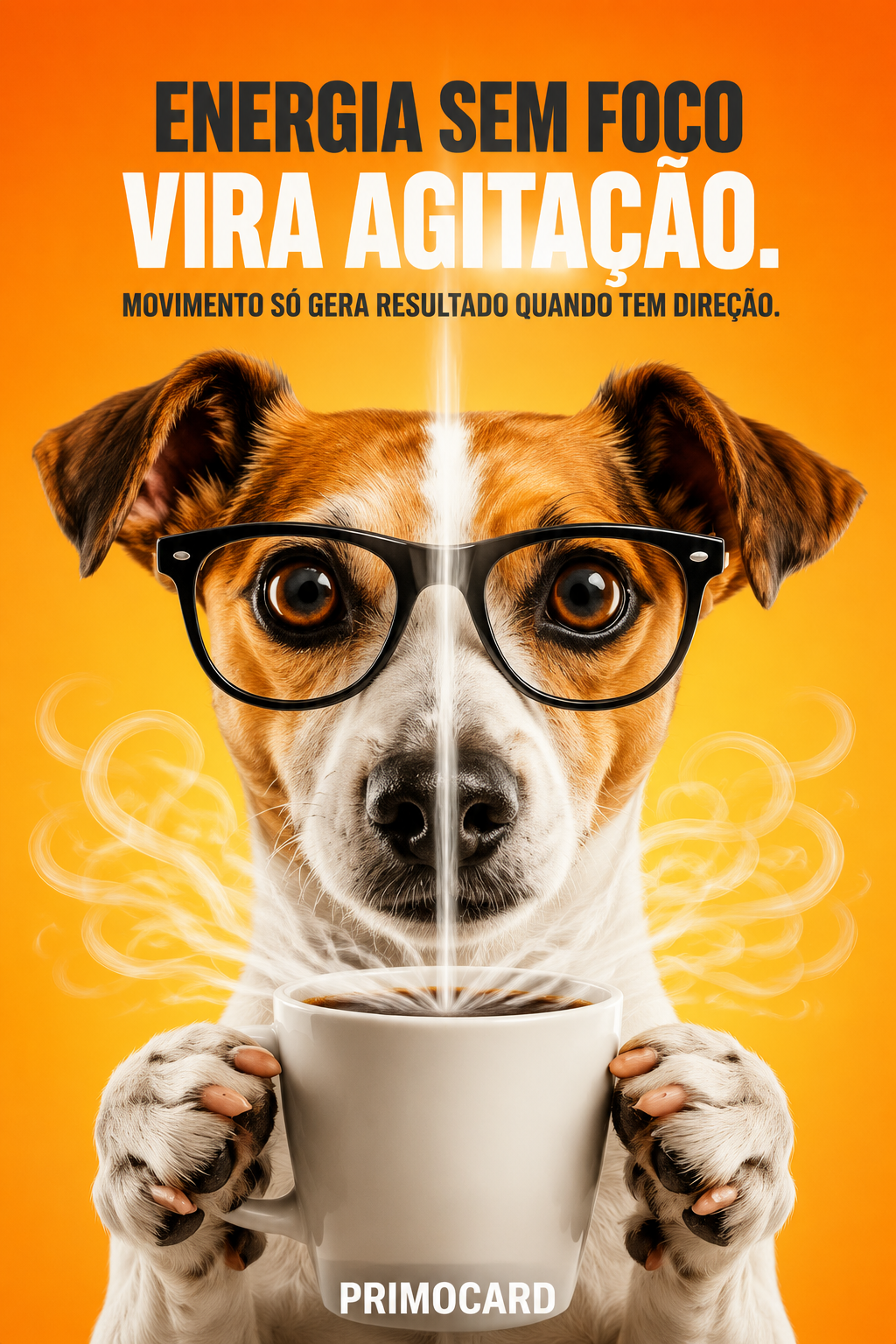 Cachorro de óculos segura uma grande xícara de café, simbolizando energia e agitação sem foco definido.