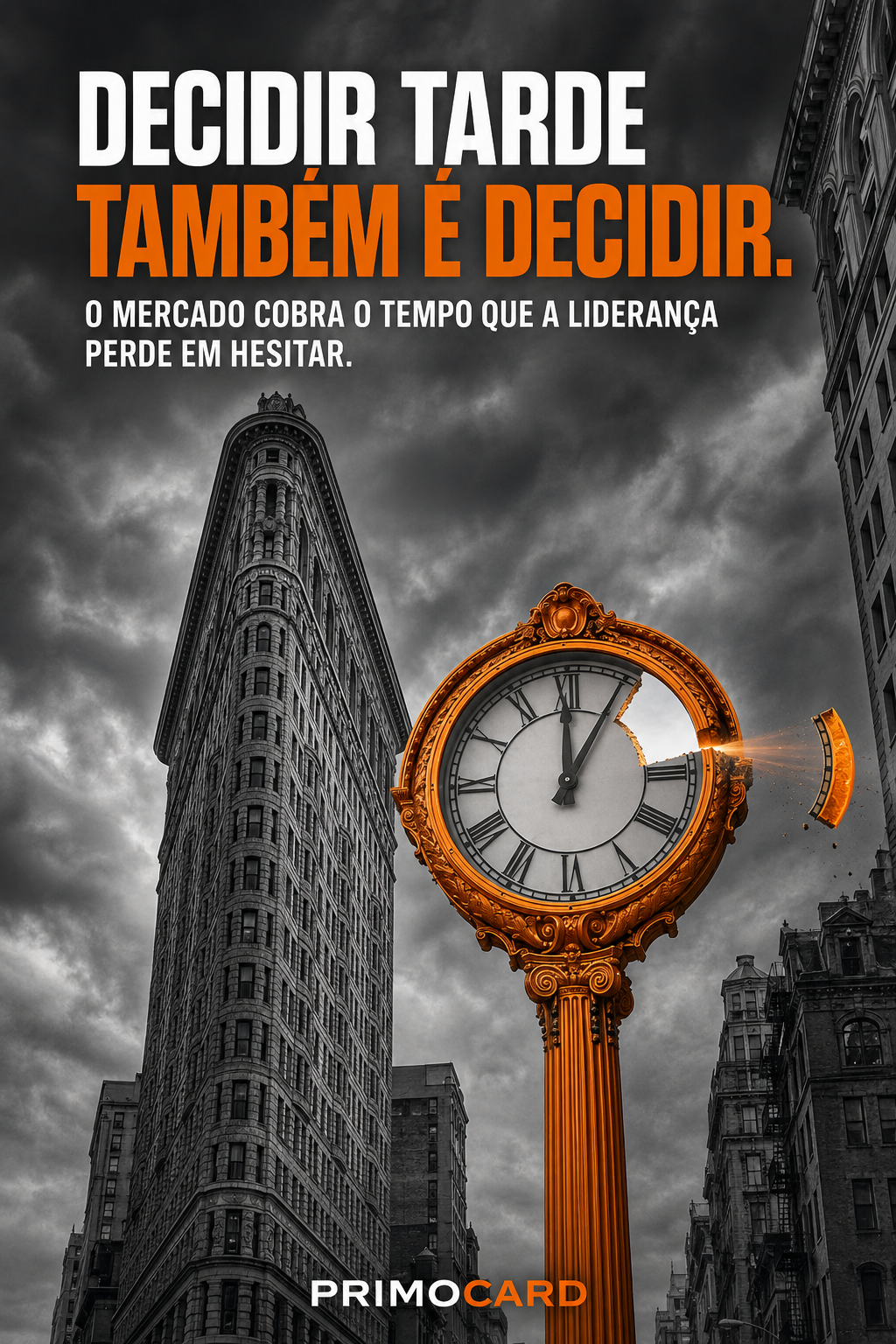 Grande relógio quebrado em uma paisagem urbana, simbolizando o tempo perdido pela demora na tomada de decisões.