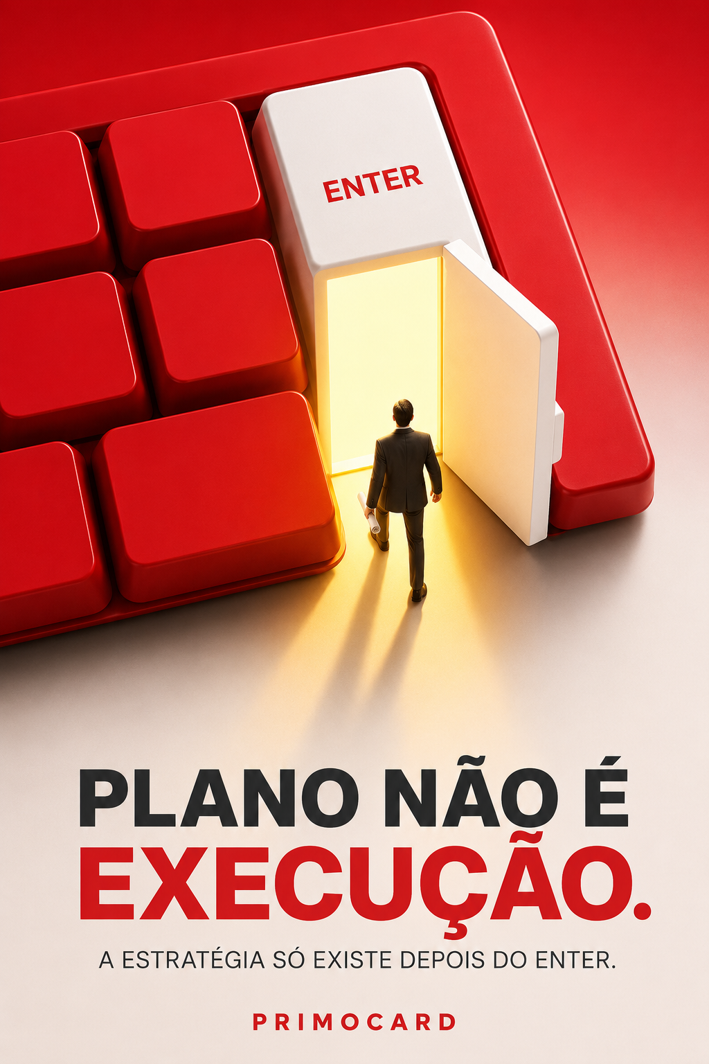 Executivo atravessa uma porta iluminada aberta na tecla Enter de um teclado, representando a passagem do plano para a execução.