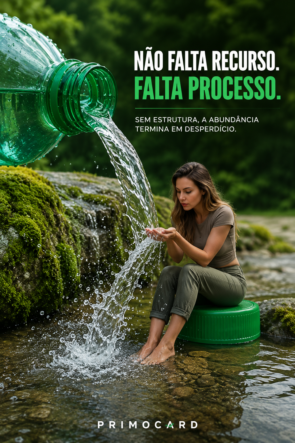Garrafa verde despejando grande volume de água enquanto uma mulher tenta recolhê-la com as mãos, representando recursos desperdiçados por falta de processo.