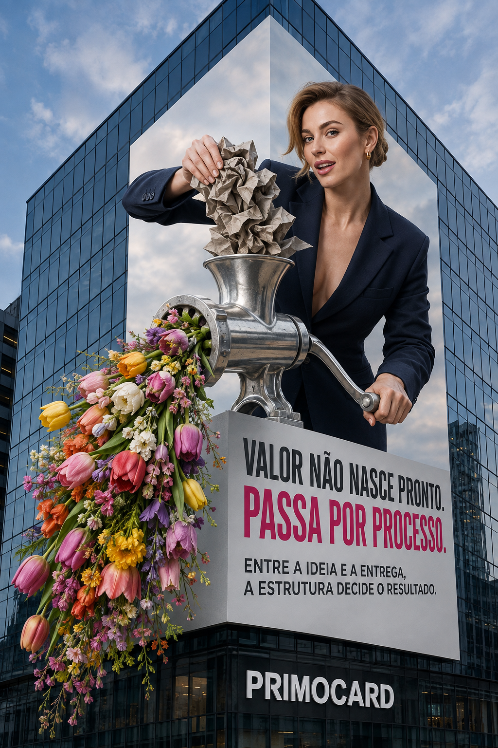 Mulher alimentando uma máquina com papéis amassados enquanto flores coloridas saem do outro lado, simbolizando a transformação de ideias em valor.
