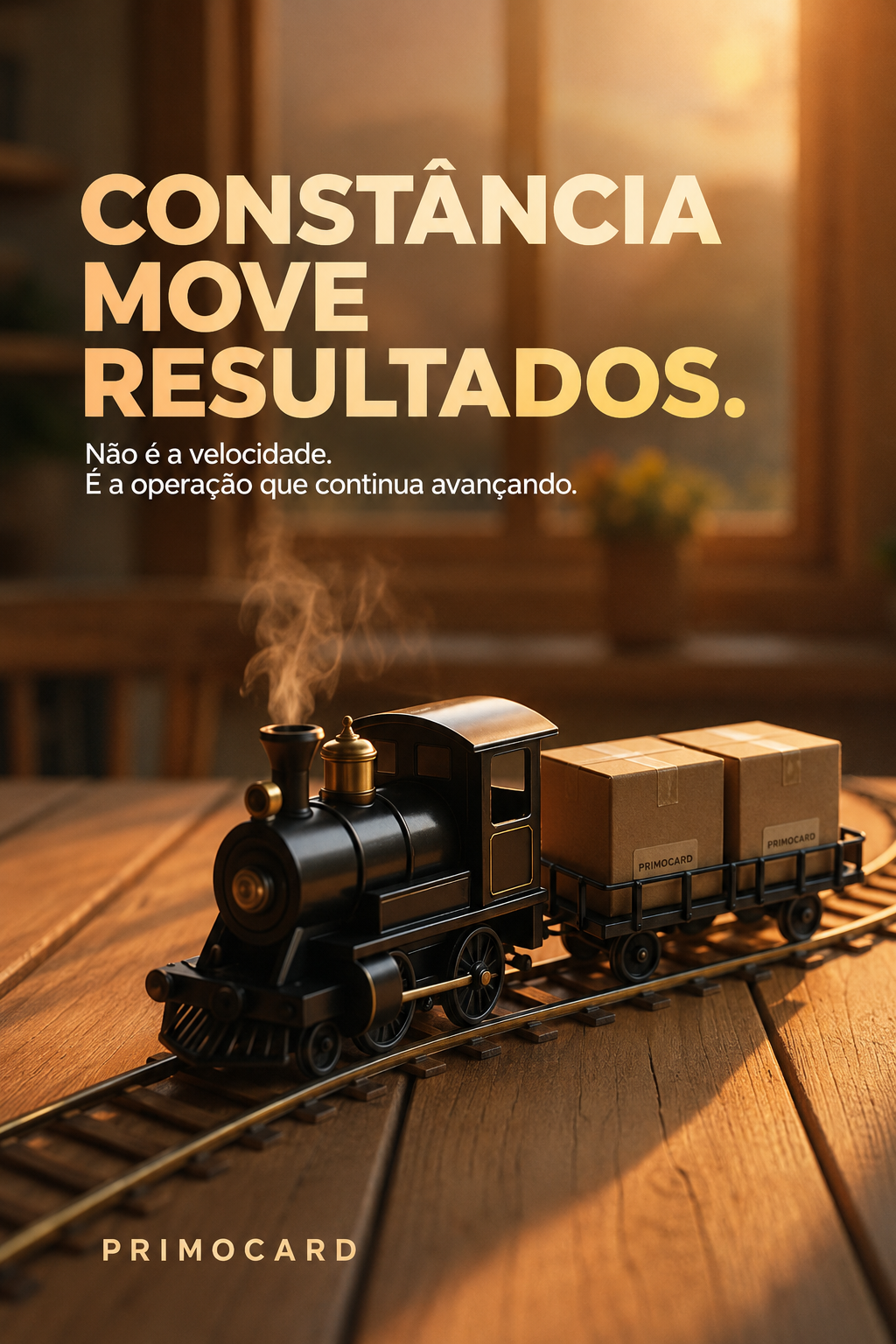 Trem em miniatura transportando caixas sobre trilhos, representando uma operação constante que conduz resultados ao longo do tempo.