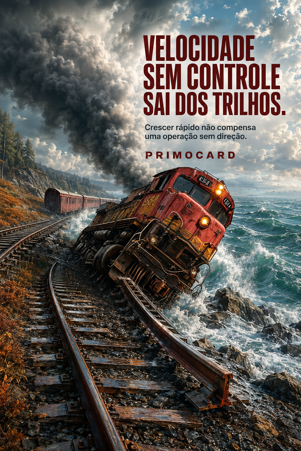 Trem vermelho saindo dos trilhos à beira do mar, representando os riscos do crescimento acelerado sem controle operacional.