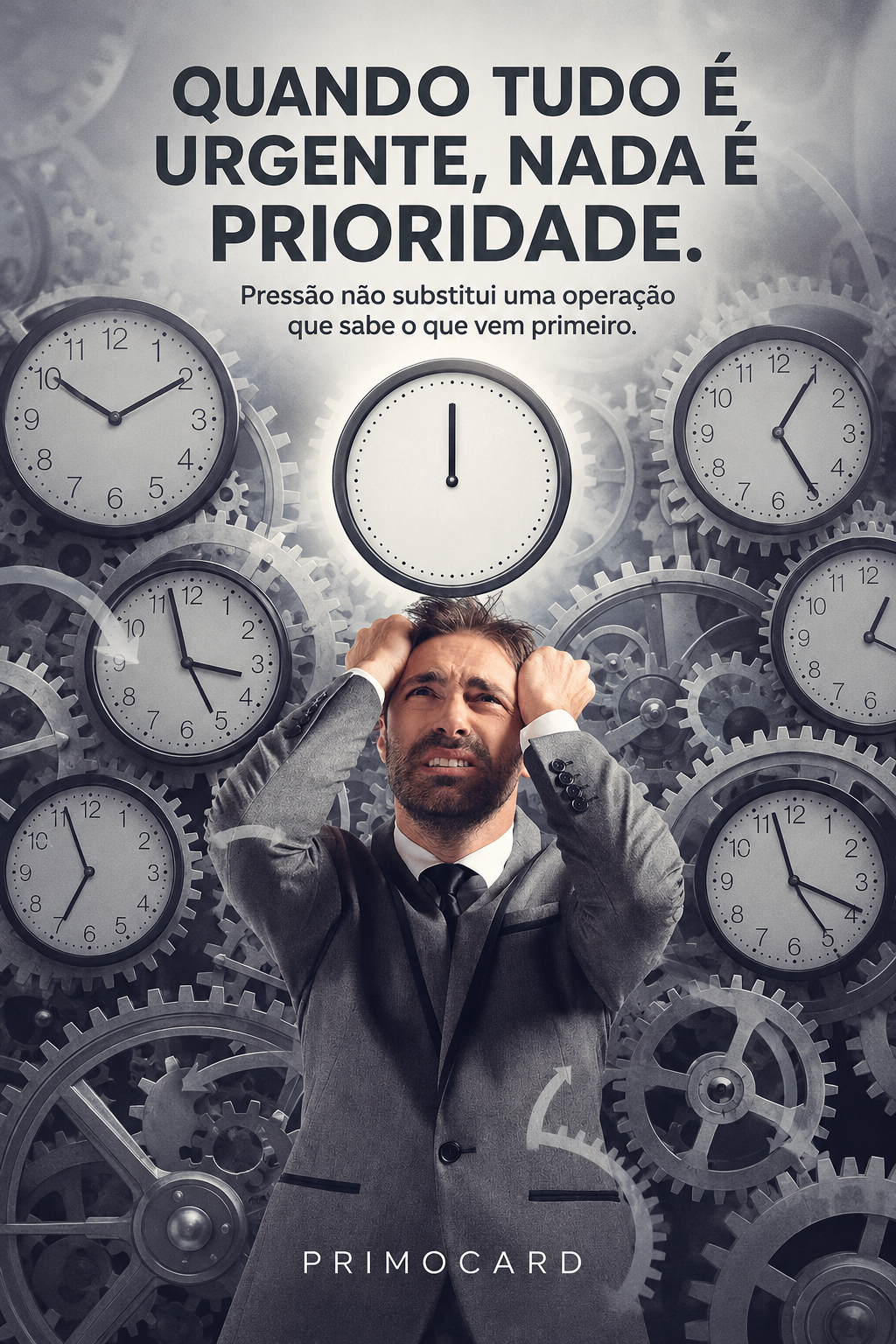 Homem preocupado cercado por relógios e engrenagens, representando uma operação pressionada por diversas urgências simultâneas.