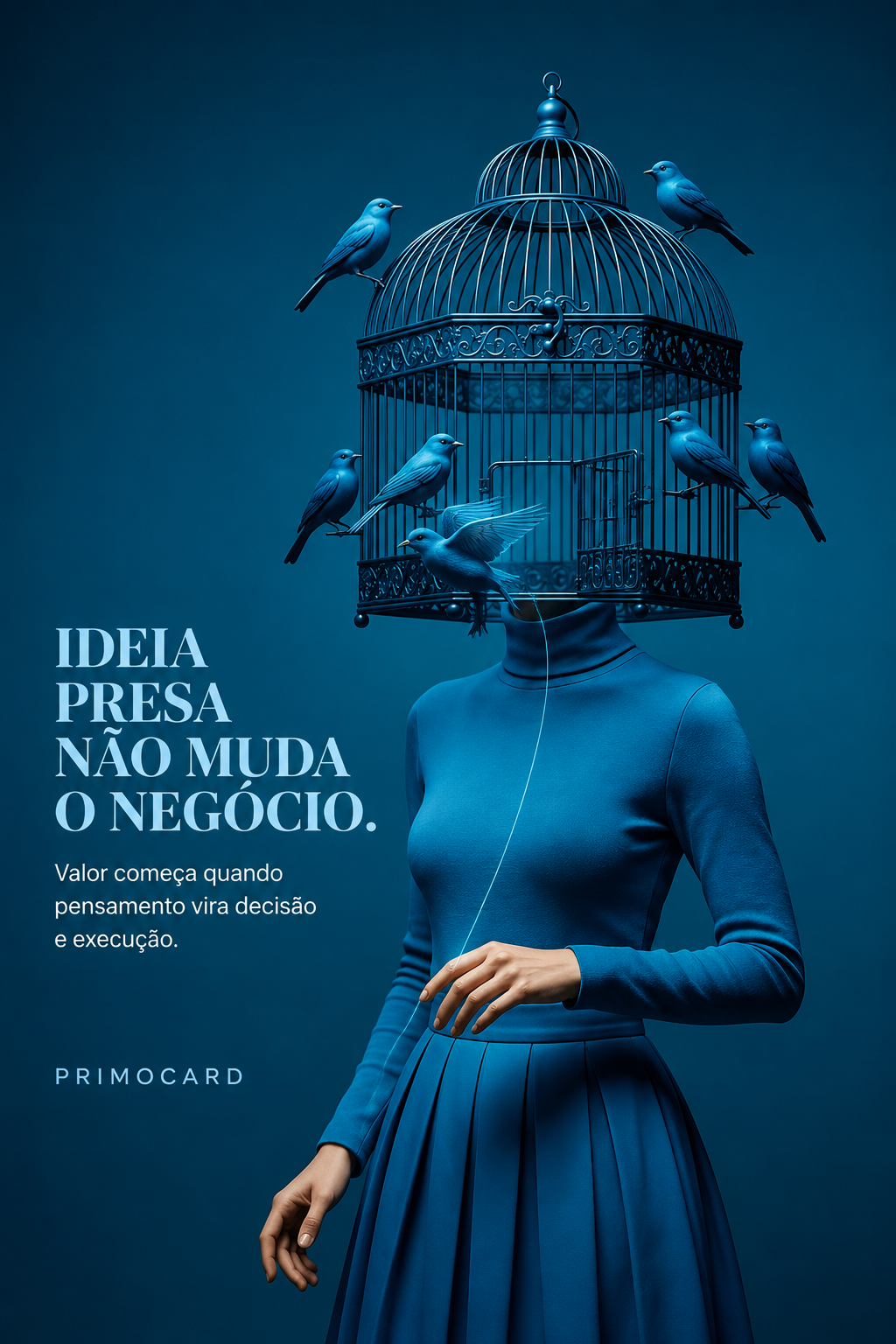 Mulher com a cabeça presa em uma gaiola aberta cercada por pássaros, simbolizando ideias que precisam ser libertadas e executadas.