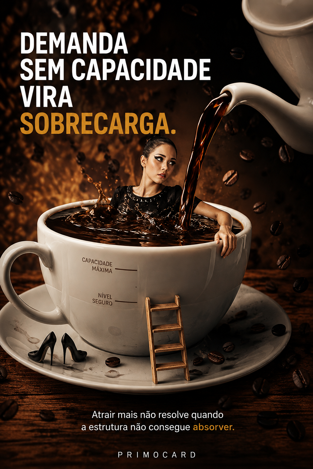 Mulher dentro de uma xícara transbordando café, representando uma operação sobrecarregada por demanda superior à sua capacidade.