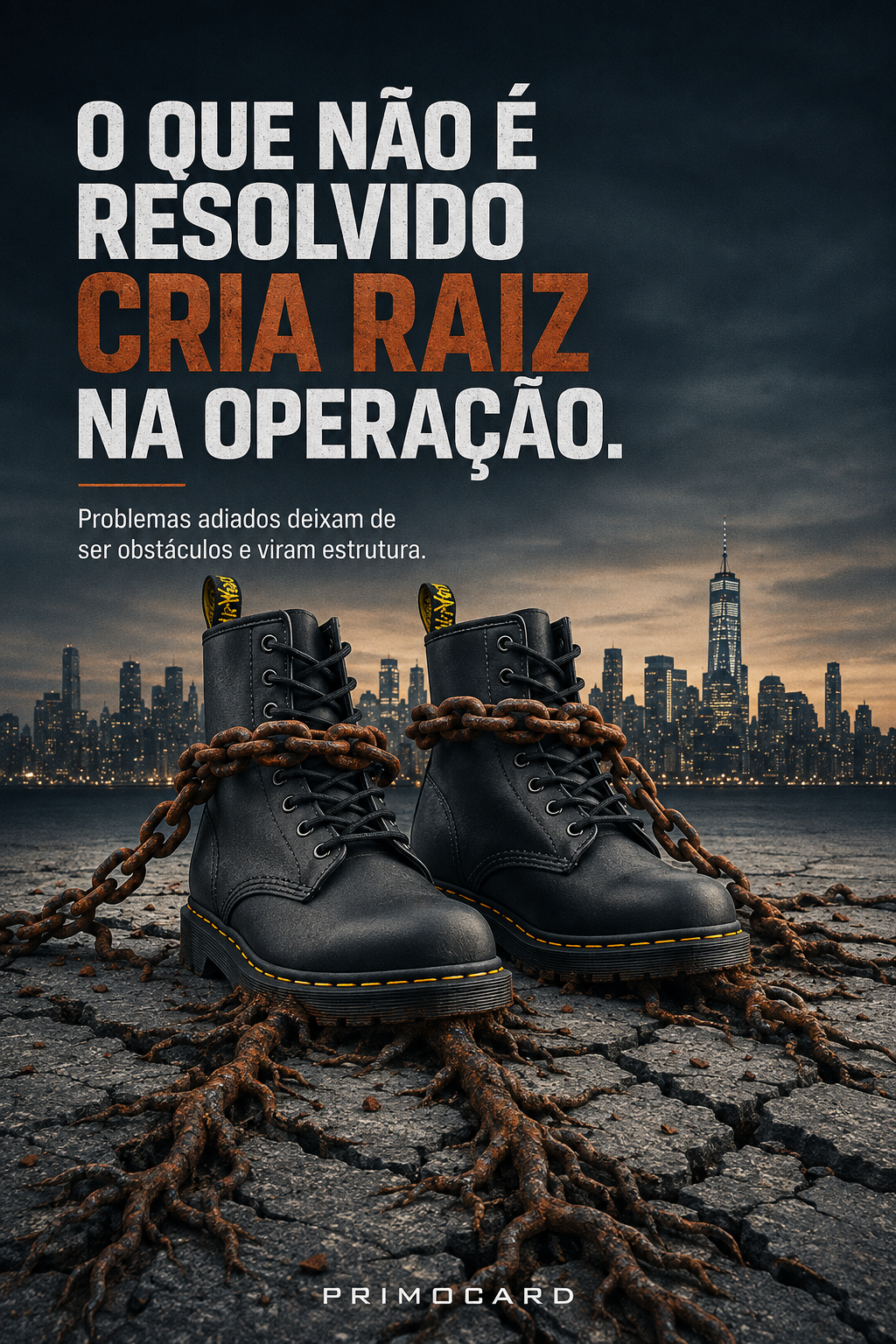 Botas presas por correntes e raízes sobre solo rachado, simbolizando problemas adiados que se tornam parte da operação empresarial.