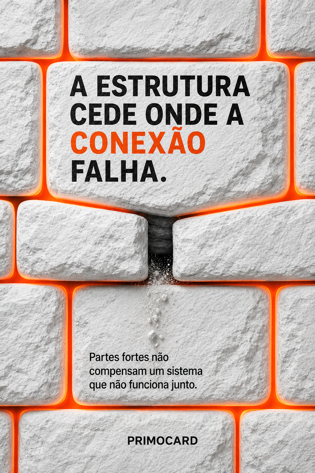 Parede formada por blocos brancos com uma conexão central quebrada, representando uma estrutura enfraquecida pela falta de integração.