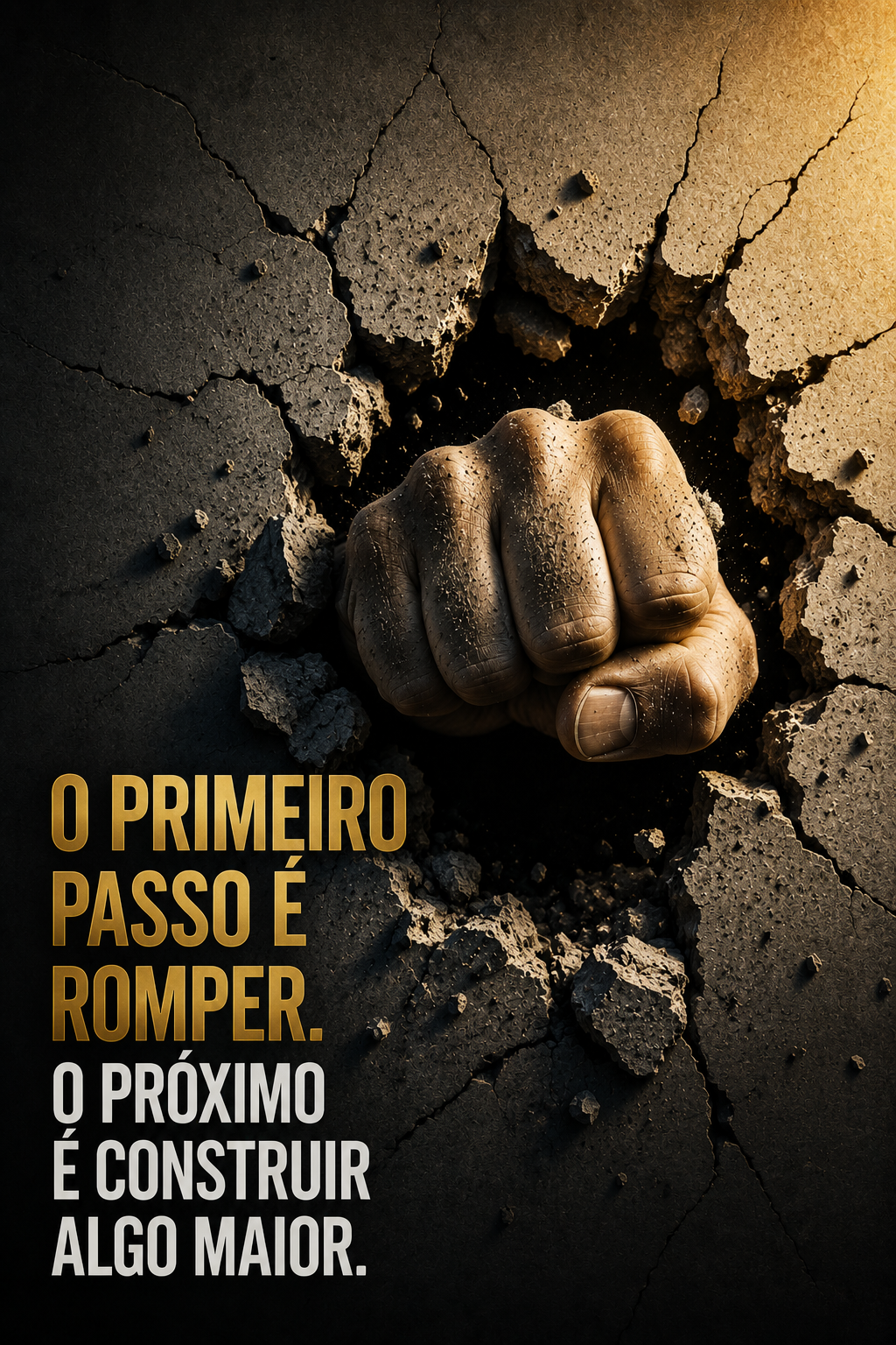 Punho atravessando uma parede de concreto, simbolizando coragem para romper barreiras e iniciar uma construção maior.