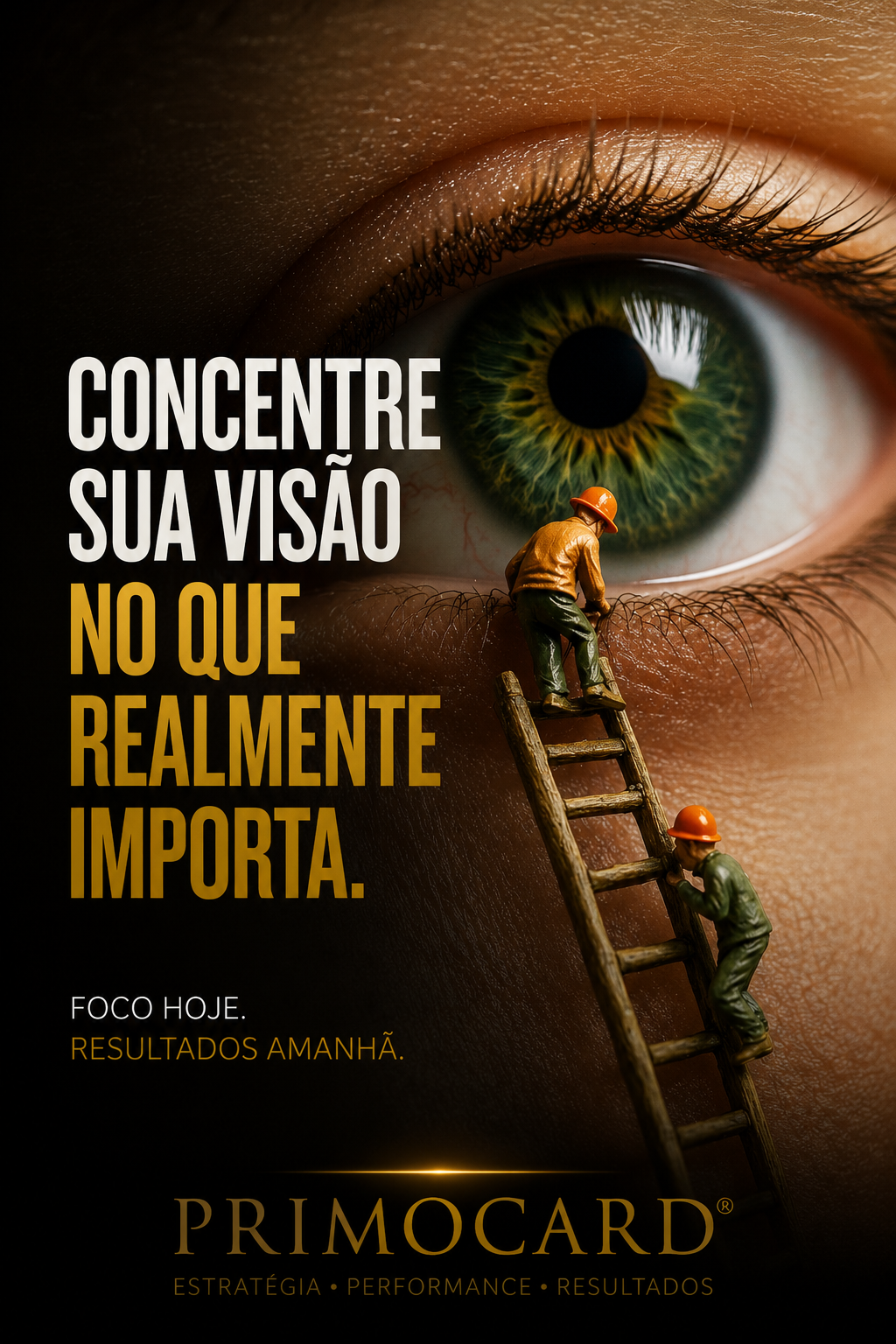 Olho humano em destaque com dois pequenos trabalhadores subindo uma escada em direção à região central da visão.