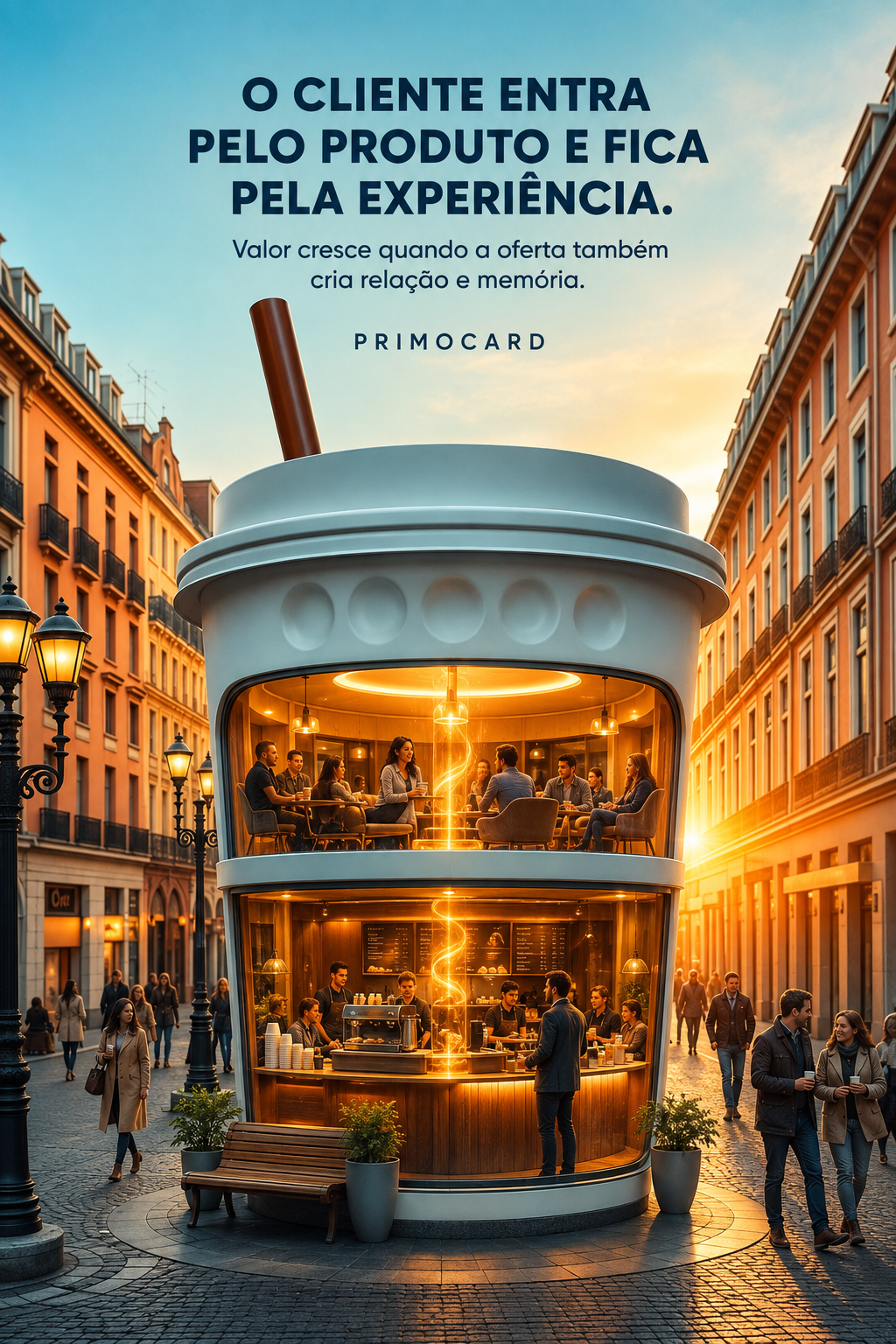 Cafeteria em formato de copo gigante instalada em uma rua movimentada, com clientes reunidos em dois andares.
