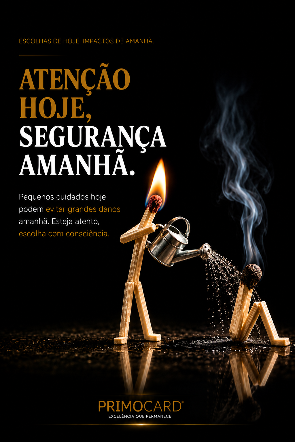 Personagem feito de fósforos com a cabeça acesa regando outro personagem cuja cabeça ainda libera fumaça.
