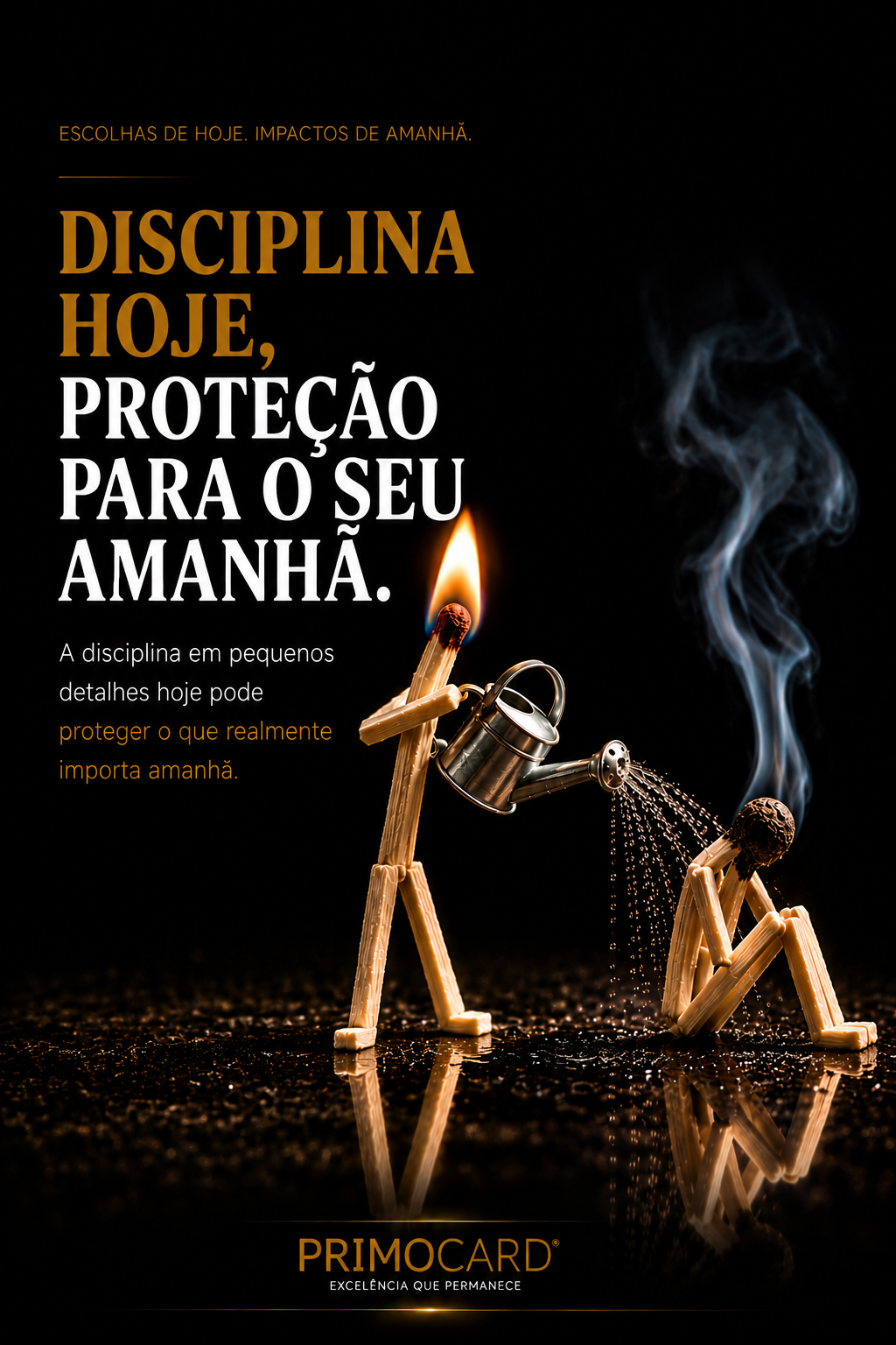 Personagem feito de palitos regando outro personagem em chamas, simbolizando prevenção e proteção.