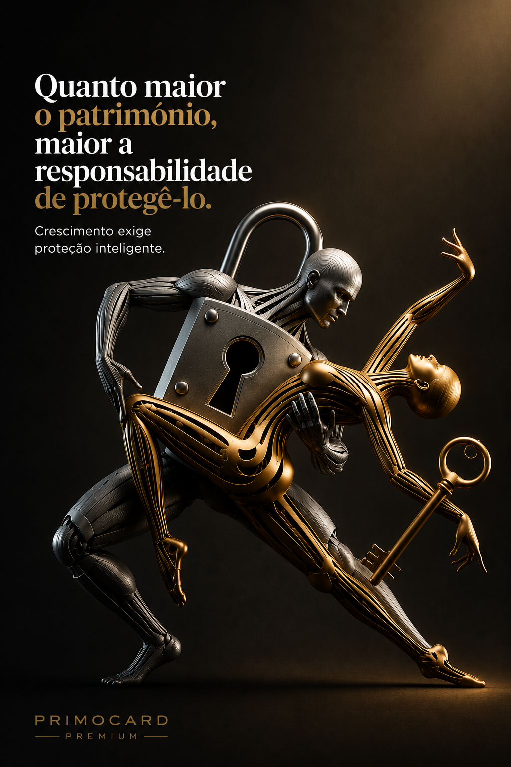 Figura metálica protegendo outra figura dourada com um cadeado enquanto segura uma chave, representando proteção patrimonial.