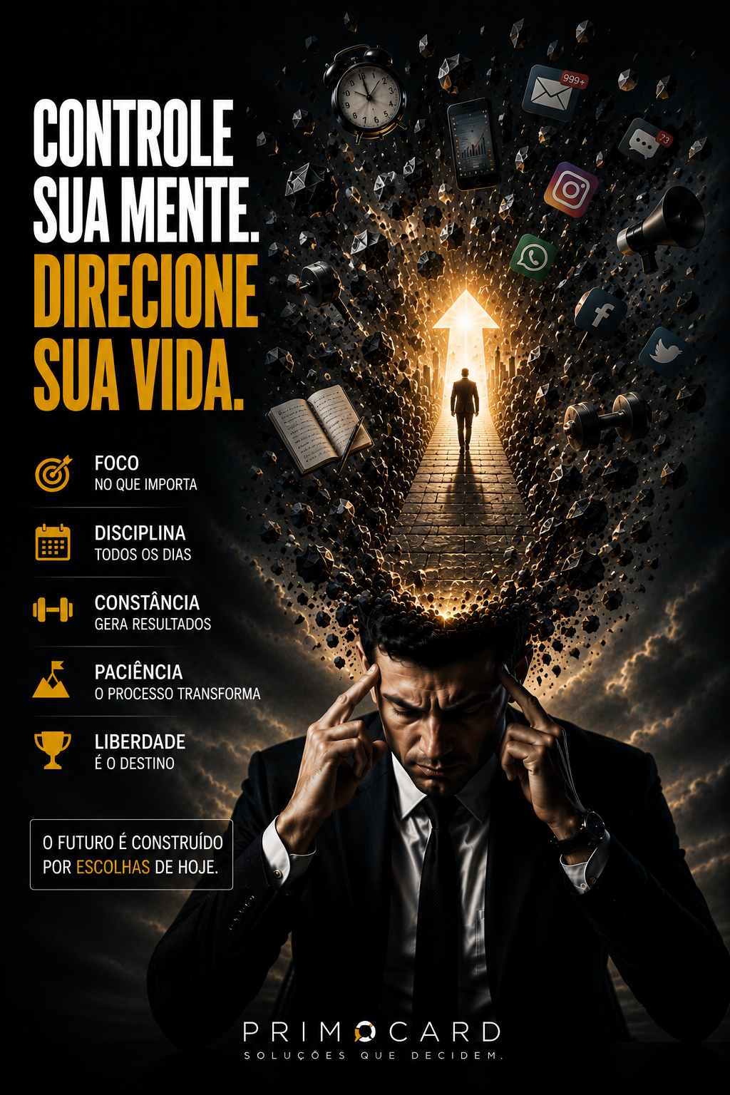 Empresário concentrado diante de um caminho iluminado que atravessa inúmeras distrações e notificações.