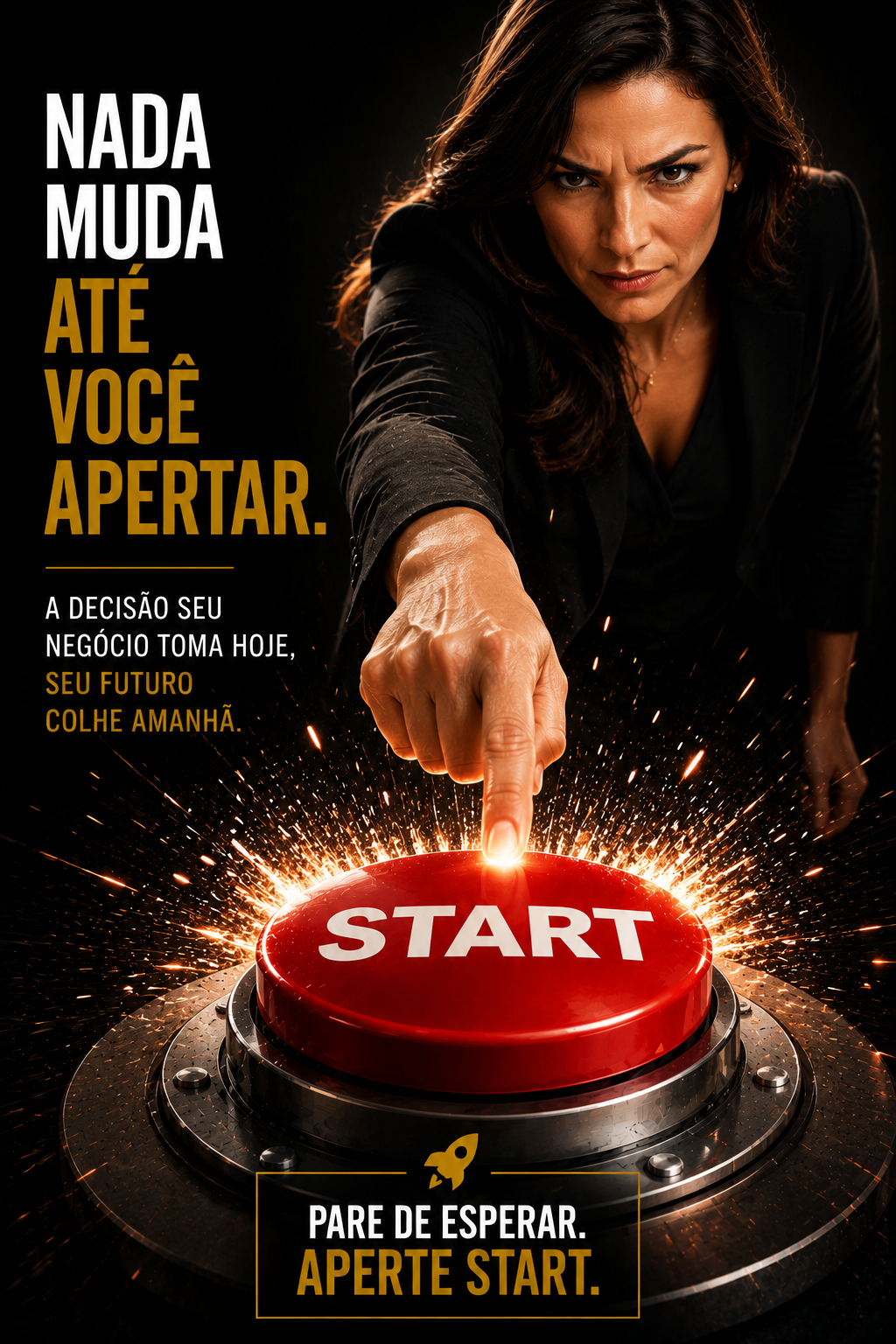 Mulher pressionando um grande botão vermelho de início, representando a decisão de começar uma mudança empresarial.