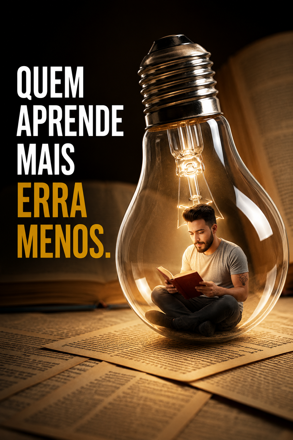 Homem lendo dentro de uma grande lâmpada acesa sobre páginas de livros, representando conhecimento e aprendizado contínuo.