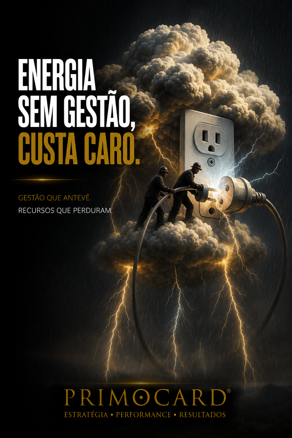 Trabalhadores conectando uma grande tomada durante uma tempestade elétrica, representando energia sem gestão e recursos desperdiçados.