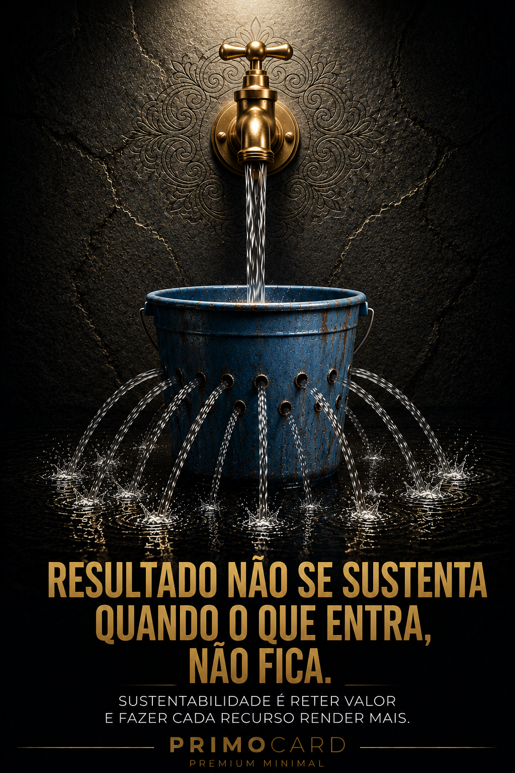 Torneira enchendo um balde furado que perde água por vários pontos, representando recursos que entram, mas não permanecem.