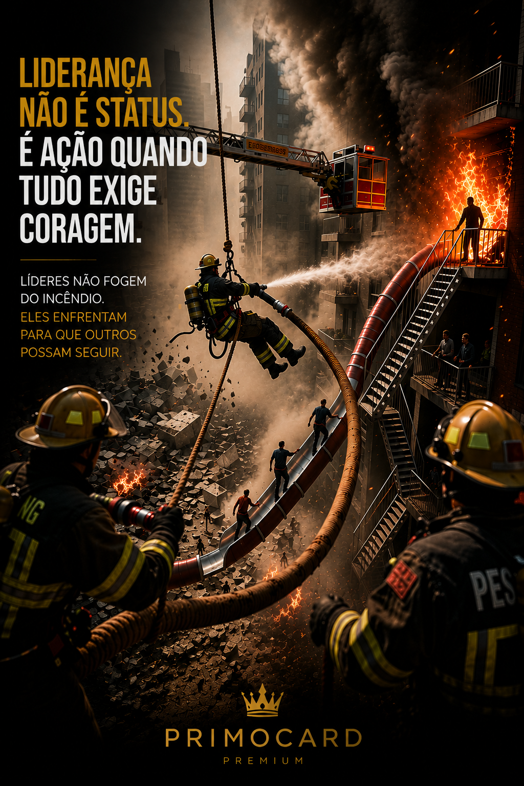Bombeiros enfrentando um grande incêndio em edifícios enquanto conduzem pessoas por uma rota de saída.
