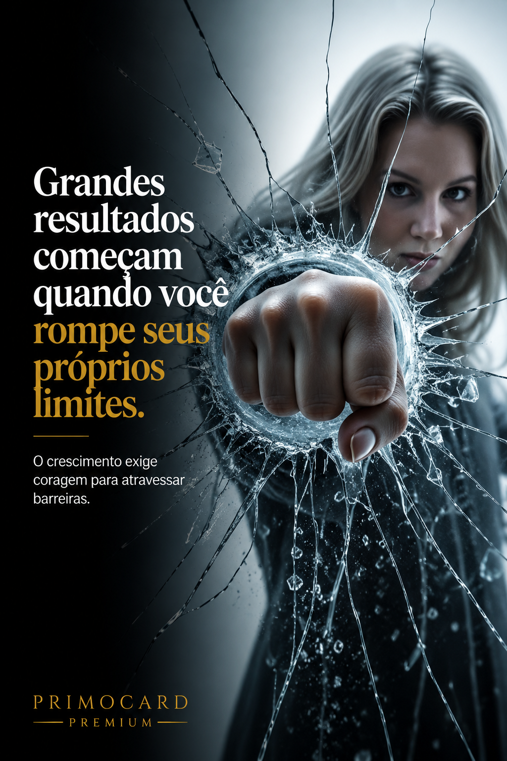 Mulher rompendo uma barreira de vidro com o punho, representando coragem para superar limites e alcançar resultados maiores.