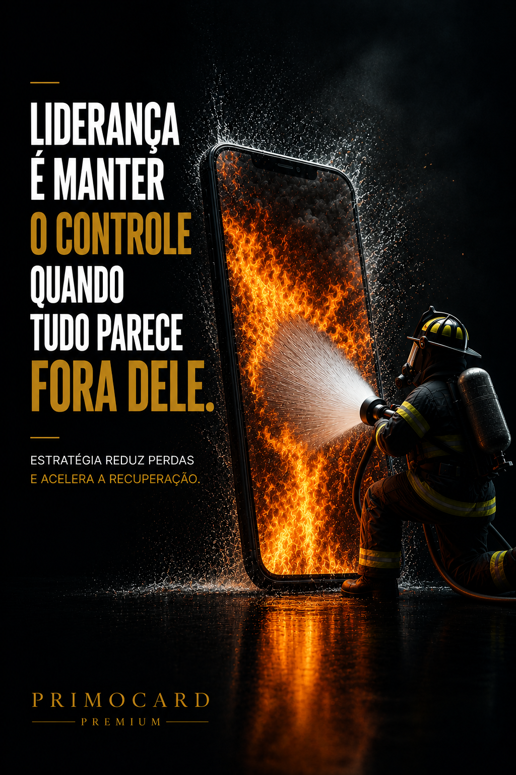 Bombeiro combatendo as chamas que envolvem um grande telefone celular em ambiente escuro.