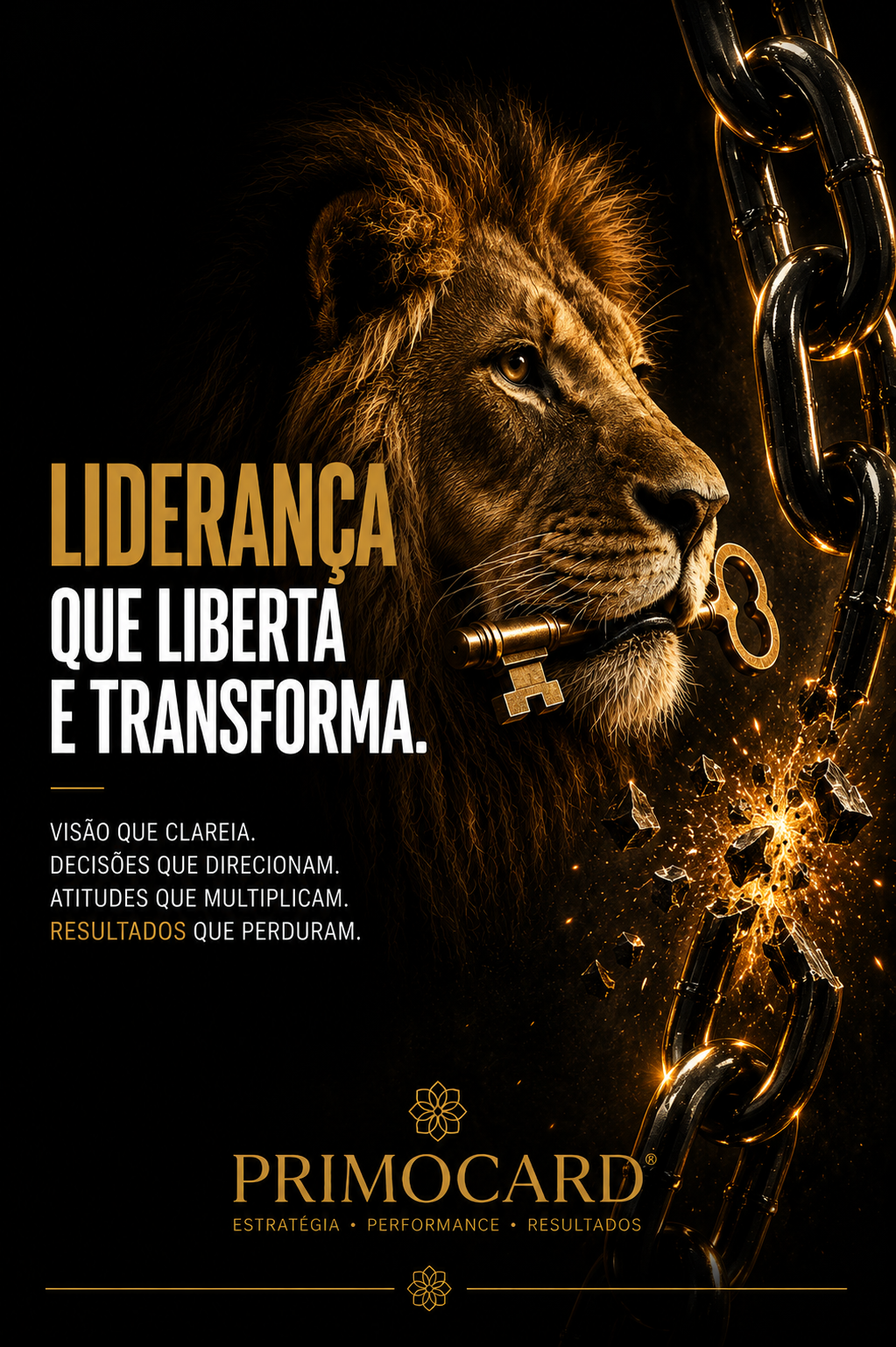 Leão segurando uma chave diante de uma corrente rompida, simbolizando liderança que liberta e transforma.