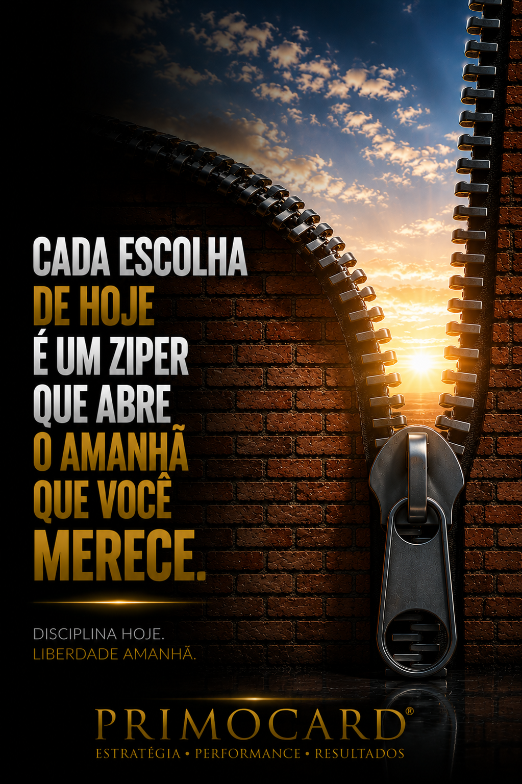 Grande zíper aberto em uma parede revelando o céu e a luz do amanhecer.