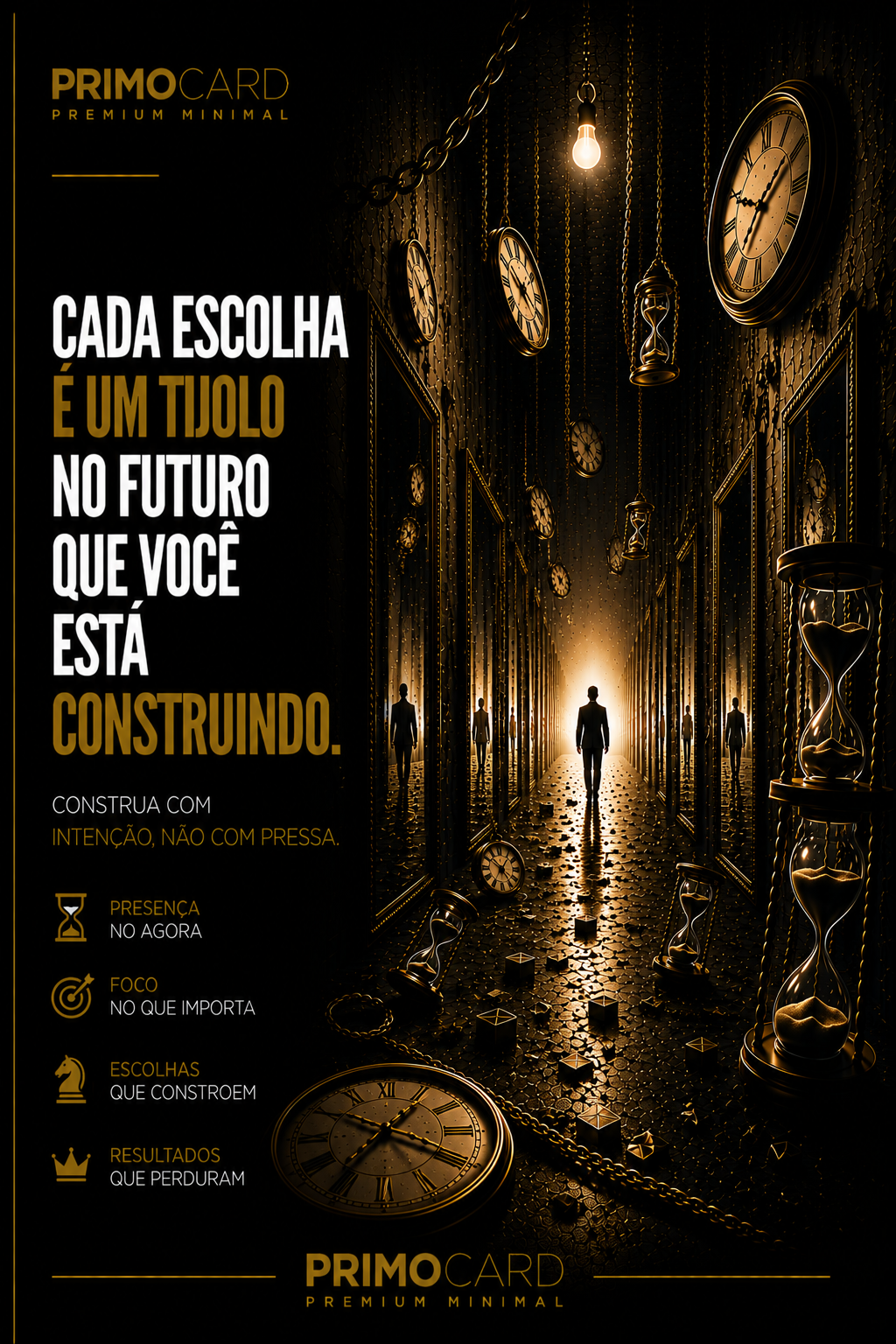 Pessoa caminhando por um corredor com relógios e ampulhetas, representando escolhas presentes na construção do futuro.