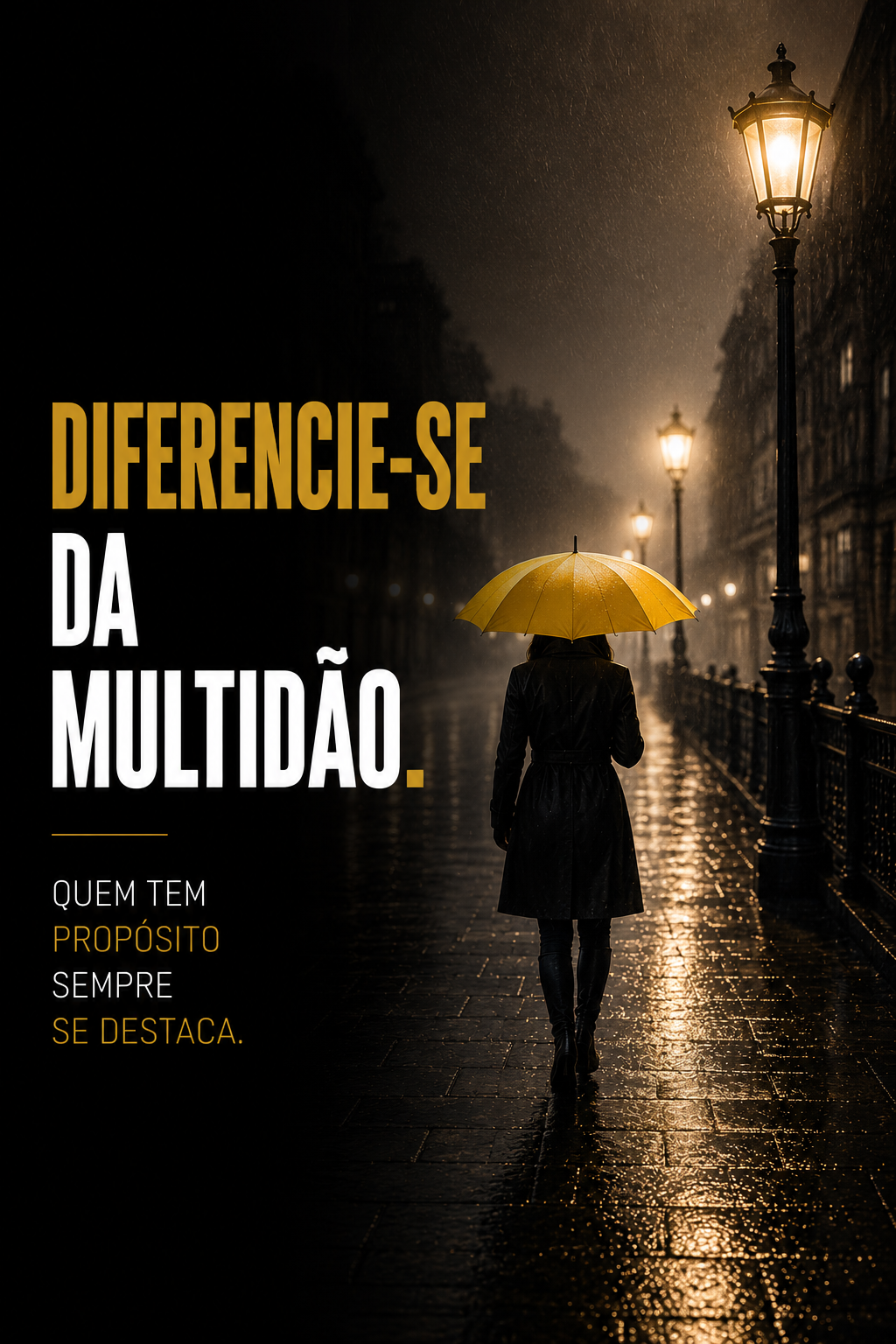 Pessoa caminhando com guarda-chuva amarelo em uma rua escura e chuvosa, destacando-se do ambiente.
