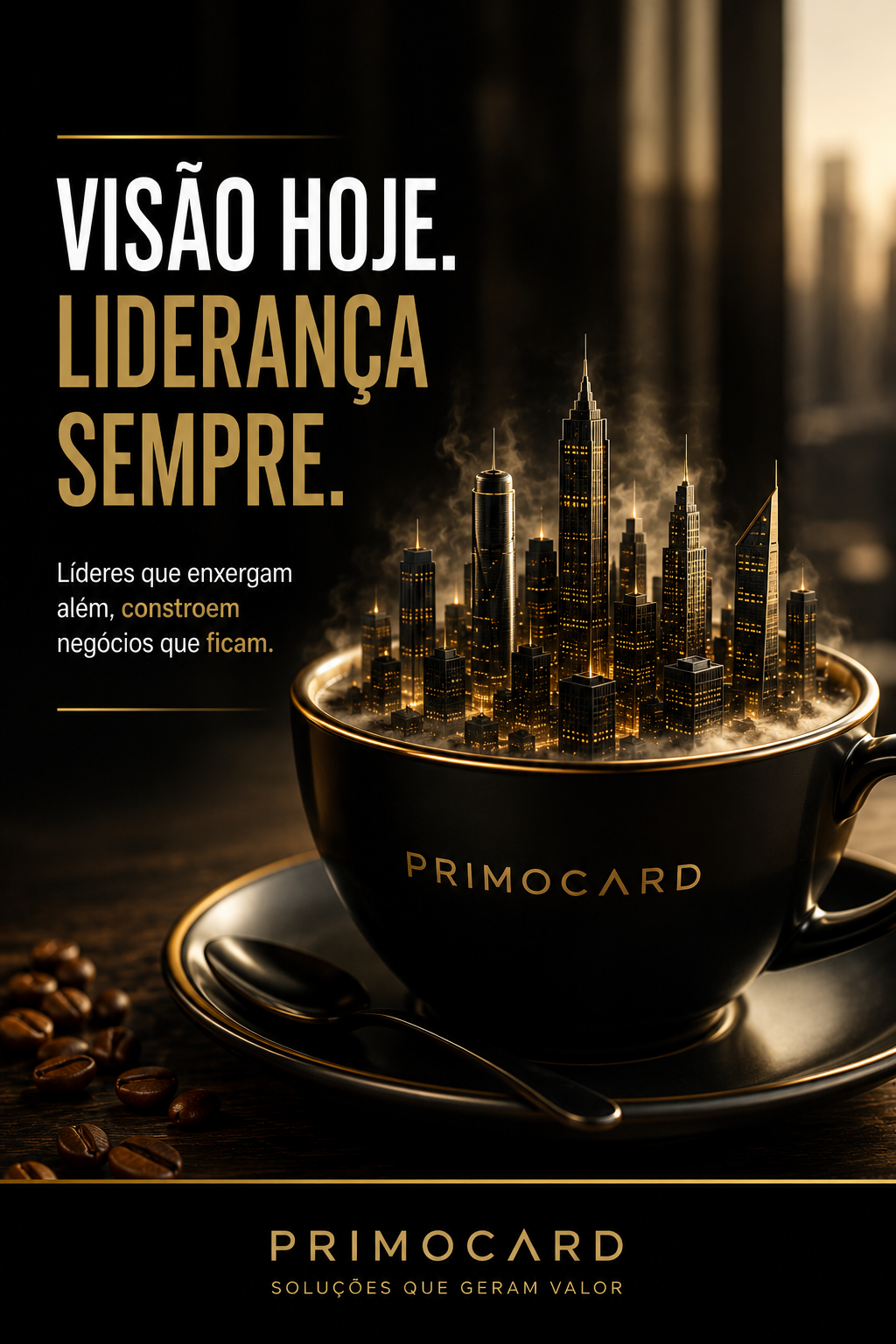 Cidade em miniatura surgindo de uma xícara preta, representando visão empresarial e liderança voltada para o futuro.