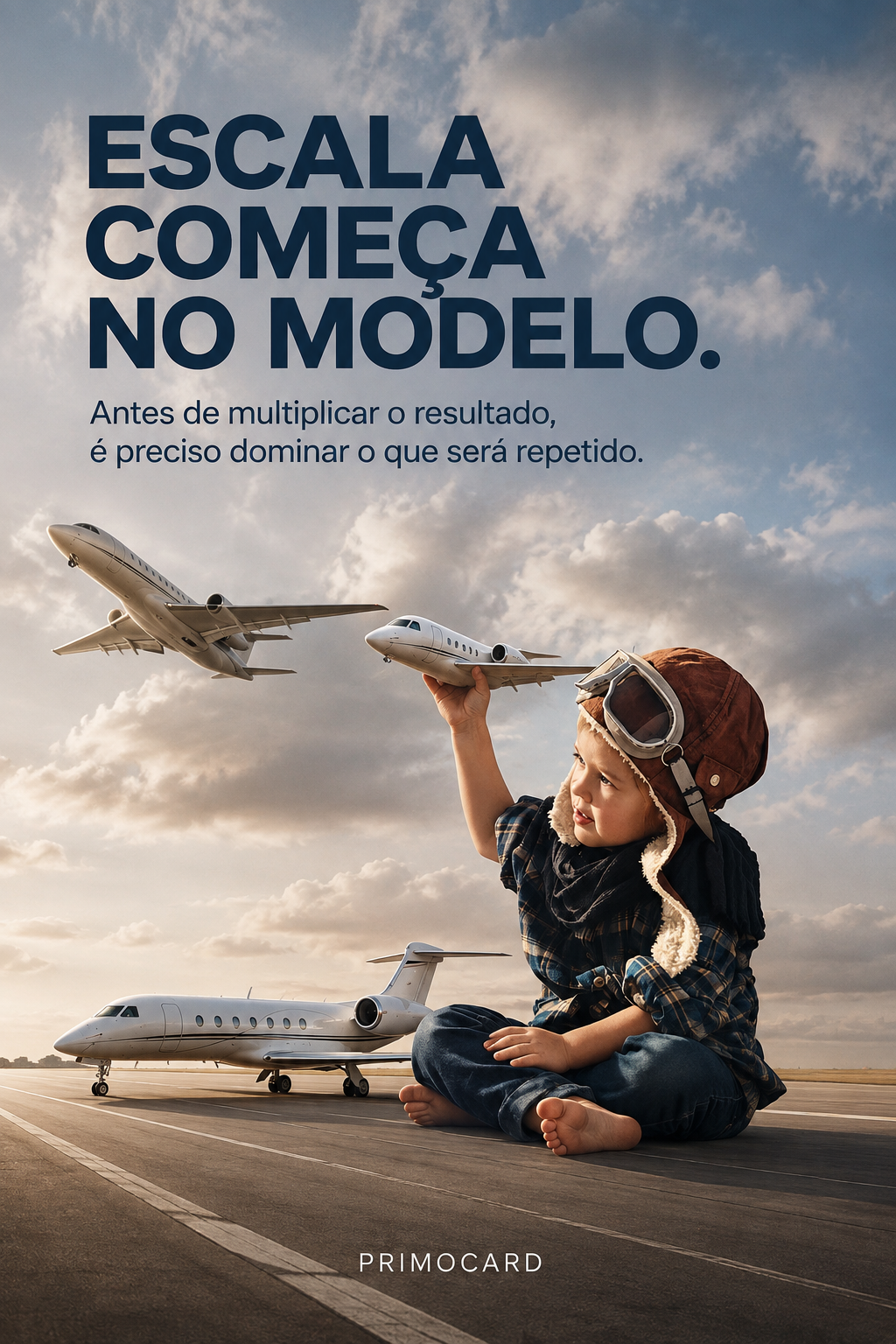 Criança com roupa de aviador segurando um avião em miniatura diante de aeronaves em diferentes escalas.