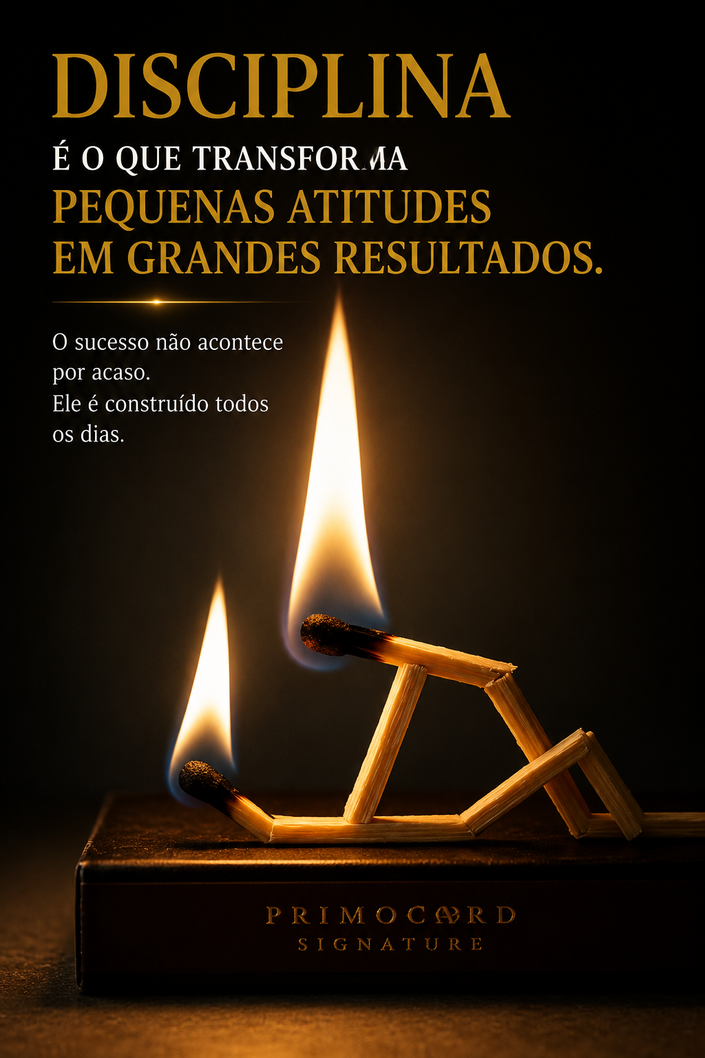 Fósforos formando uma figura em movimento, com duas chamas representando evolução e disciplina.