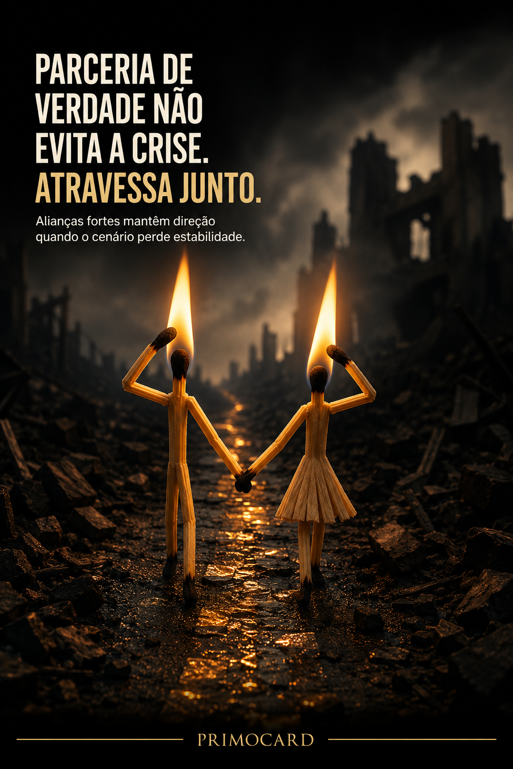 Dois personagens feitos de fósforos acesos caminhando de mãos dadas por uma cidade destruída, representando parceria durante uma crise.