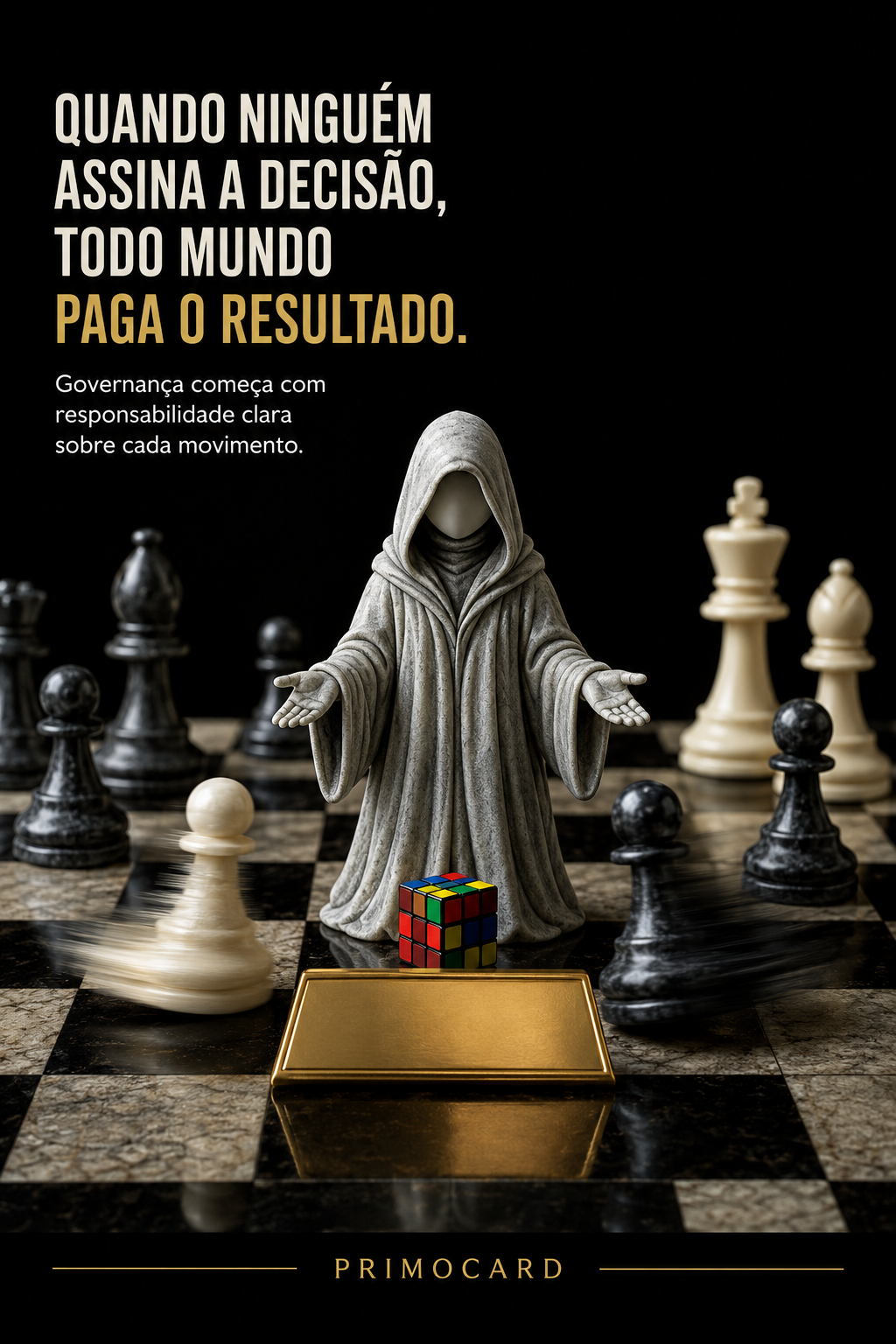 Figura sem rosto diante de peças de xadrez em movimento, representando decisões empresariais sem responsabilidade definida.