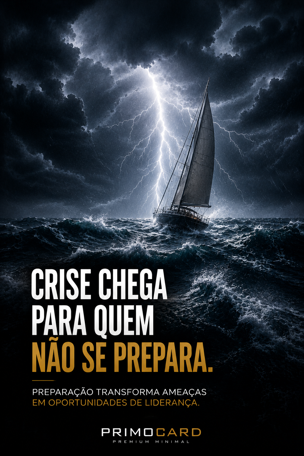 Veleiro enfrentando ondas gigantes, chuva intensa e raios durante uma tempestade em alto-mar.