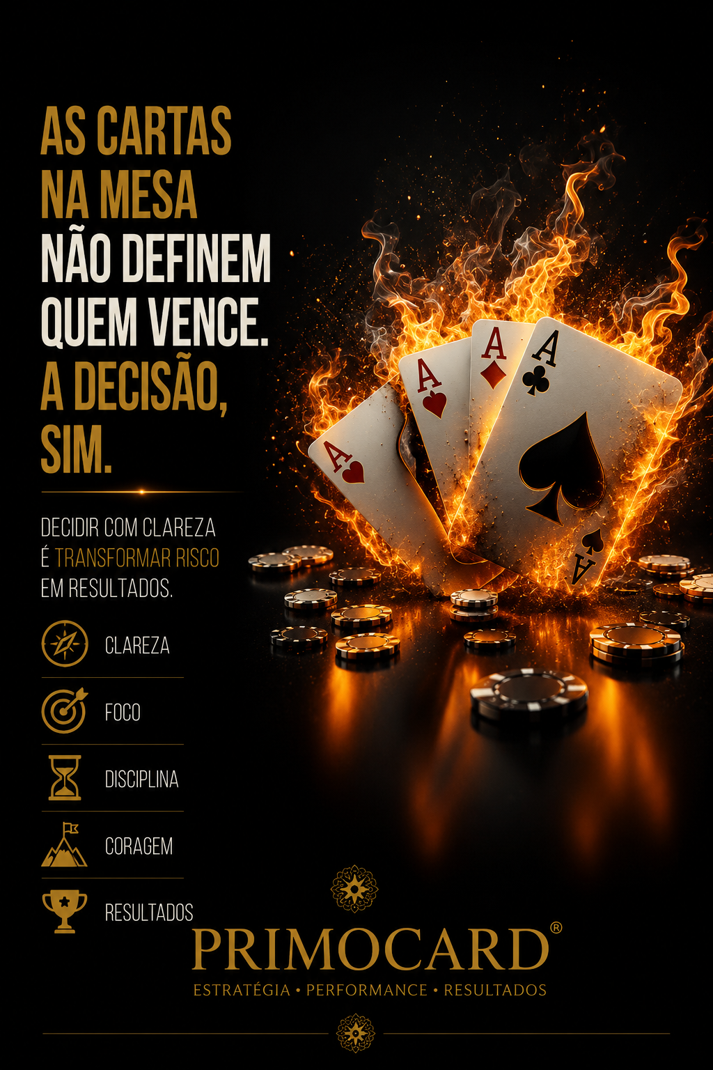 Cartas de baralho em chamas sobre uma mesa com fichas, representando decisões estratégicas, coragem e resultados nos negócios.