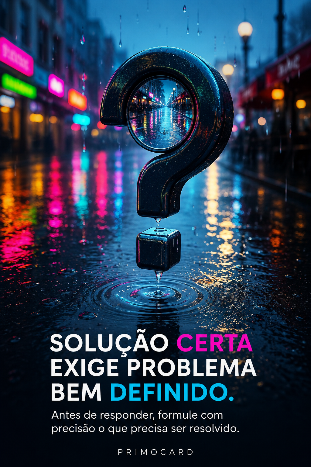Grande ponto de interrogação preto suspenso sobre uma rua molhada e iluminada por cores vibrantes.