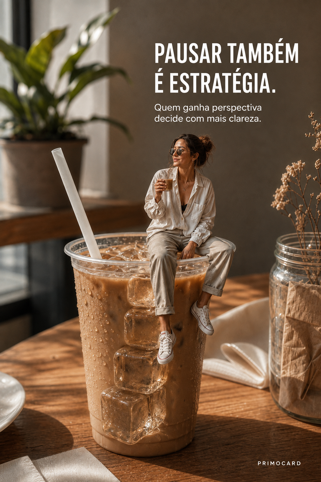 Mulher sentada na borda de um copo gigante de café gelado durante um momento de pausa.