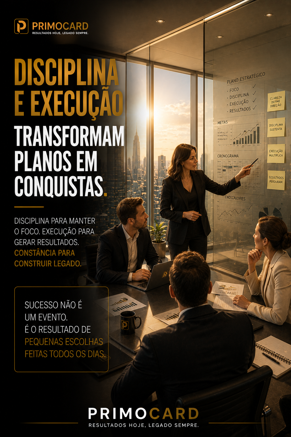 Equipe executiva reunida diante de um planejamento estratégico, analisando metas, cronograma e indicadores de desempenho.