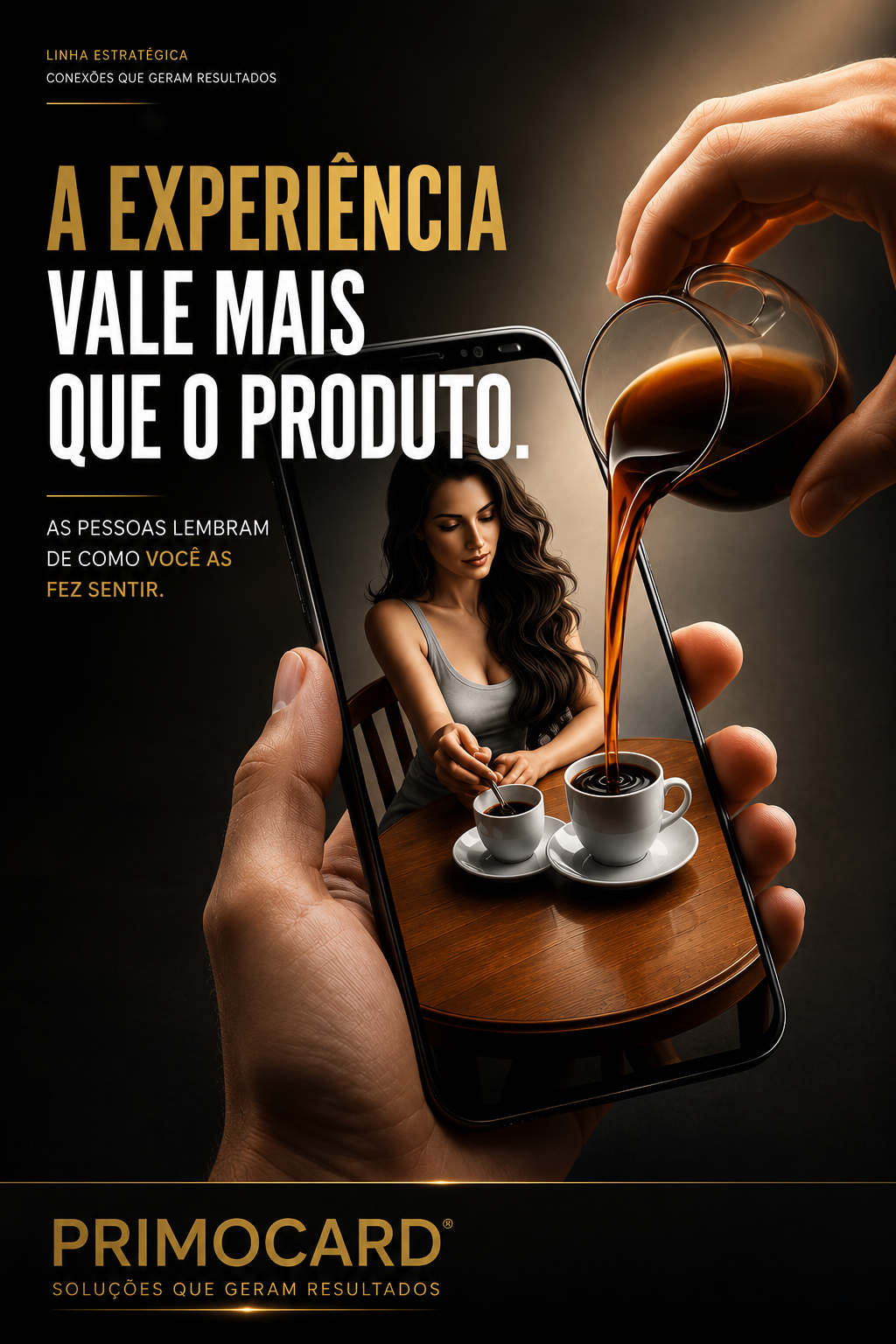 Mão segurando um celular com uma cliente diante de duas xícaras enquanto café é servido sobre a tela, representando a experiência do cliente.