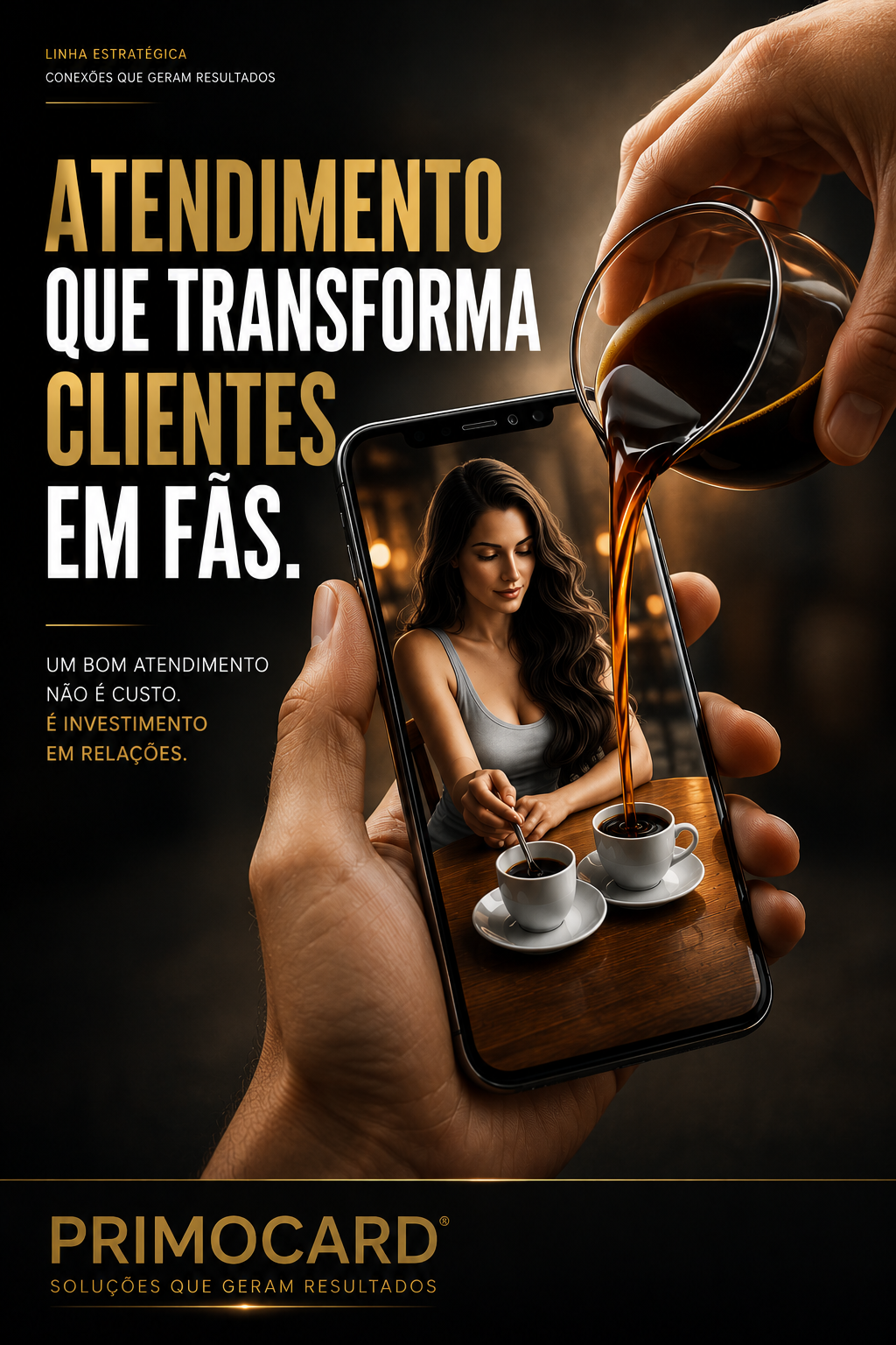 Mão segurando celular com mulher diante de duas xícaras enquanto café é servido sobre a tela, representando atendimento próximo e relacionamento com clientes.