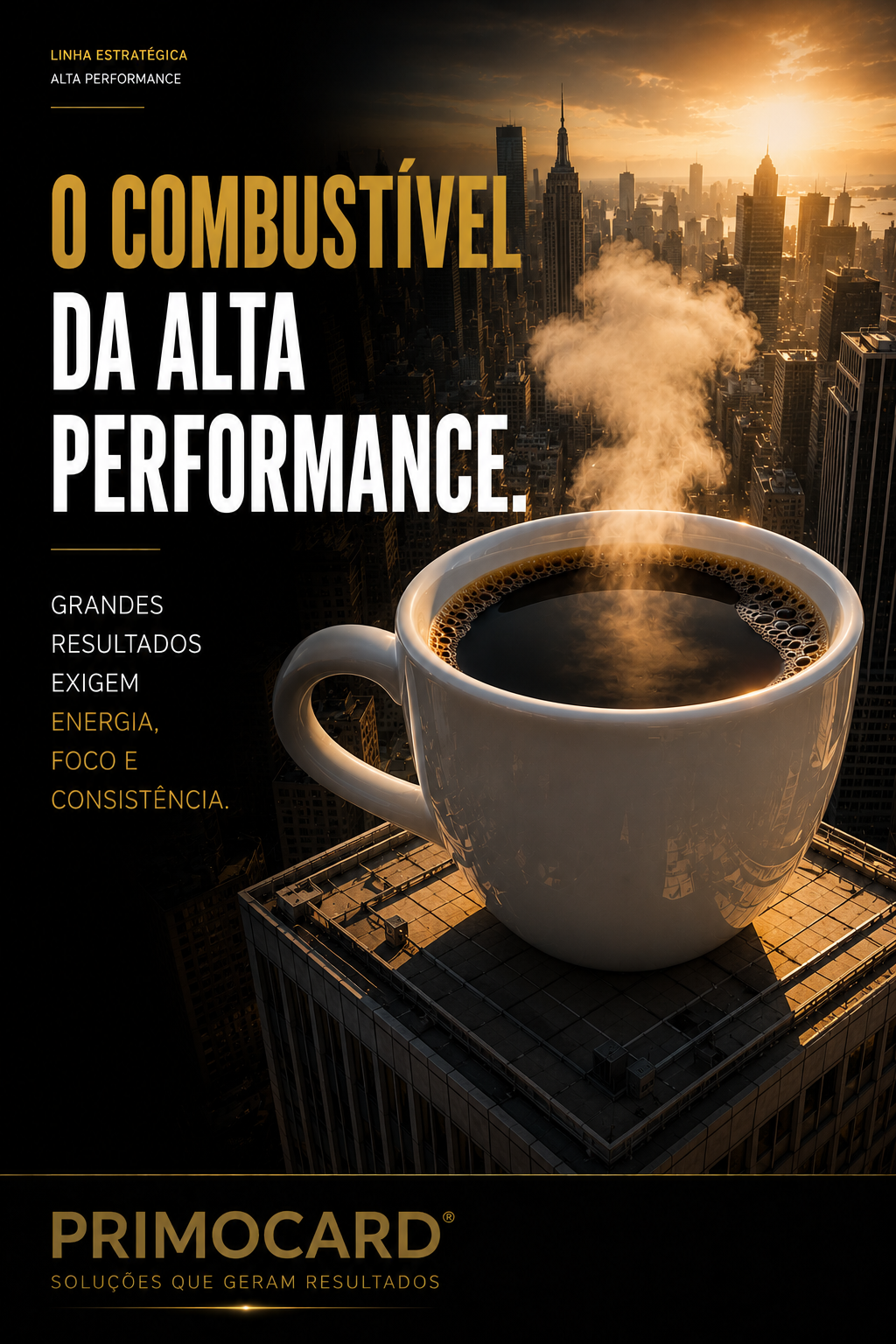 Xícara gigante de café sobre um edifício diante de uma cidade, simbolizando energia, foco e consistência para alta performance.