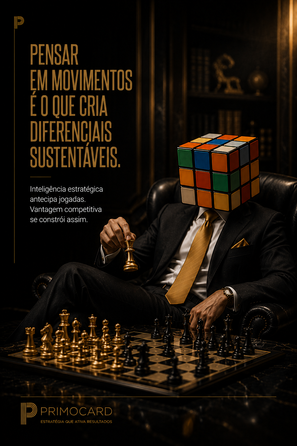 Executivo com cabeça em formato de cubo colorido segurando uma peça diante de um tabuleiro de xadrez.