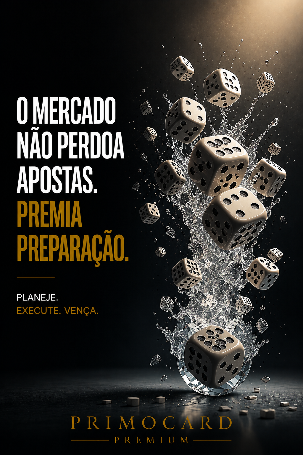 Diversos dados metálicos suspensos sobre uma estrutura quebrada, representando risco, sorte e preparação empresarial.